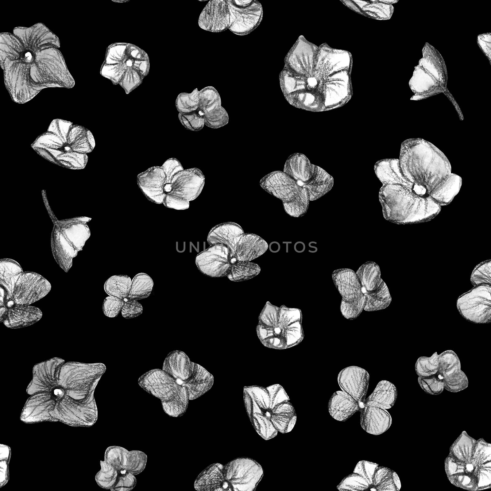 Black and white monochrome seamless botanical pattern with small flowers drawn in pencil and watercolor on a black background for textile and surface design