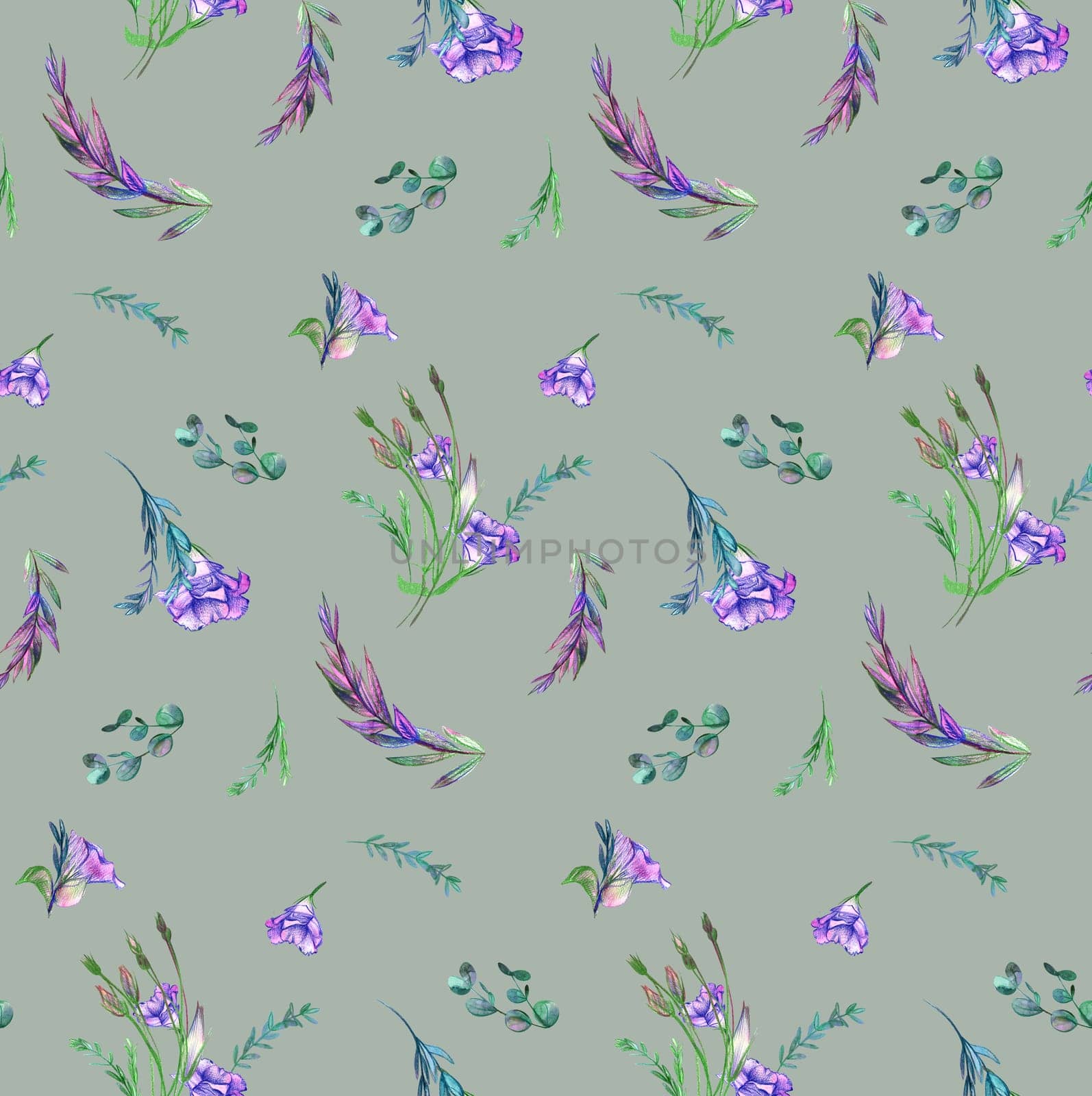 Watercolor Seamless pattern with eustoma flowers painted with watercolors and pencils on a green gray background. Background for women's clothing, textiles and surface design