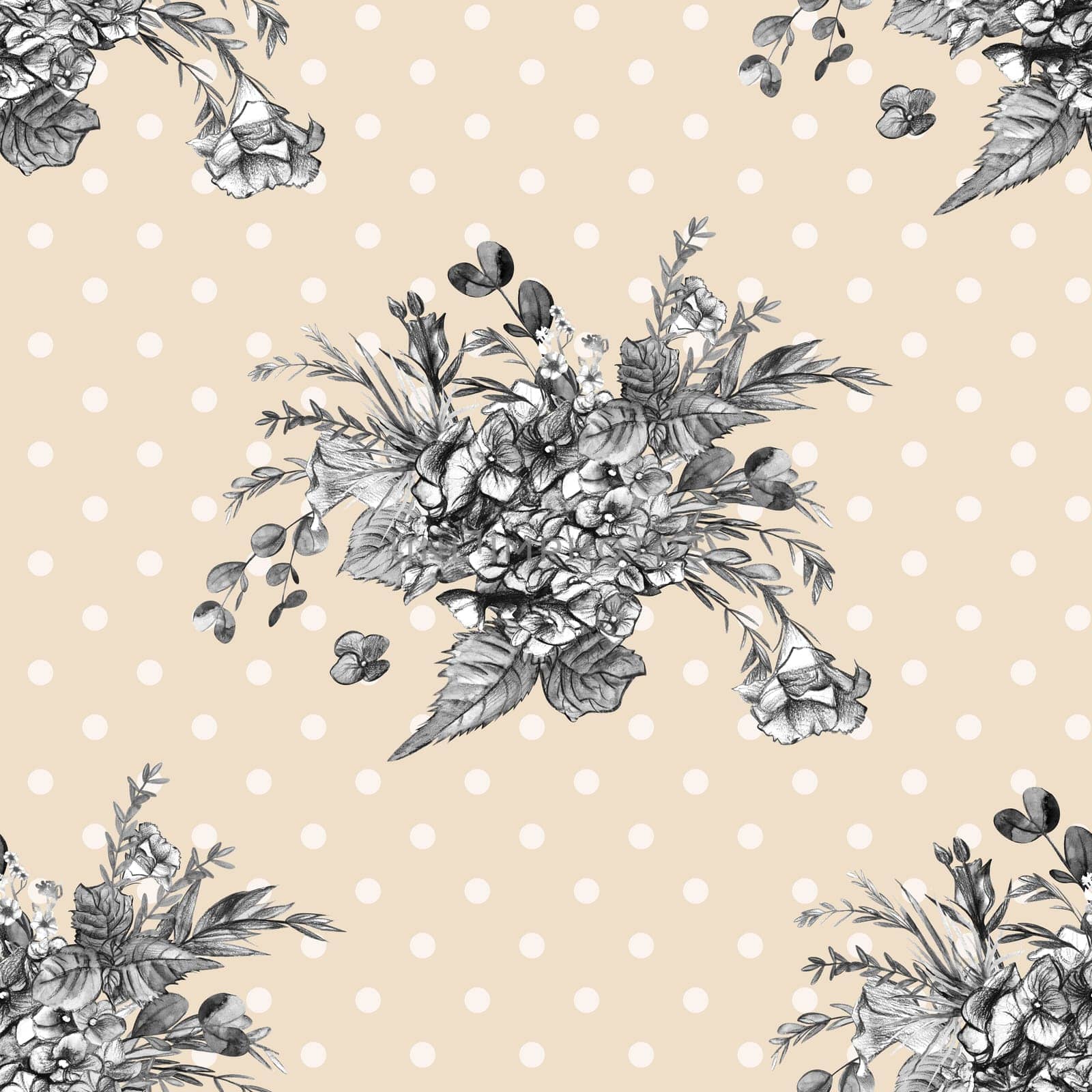 Cute botanical pattern with black and white flowers on a pastel beige background by MarinaVoyush