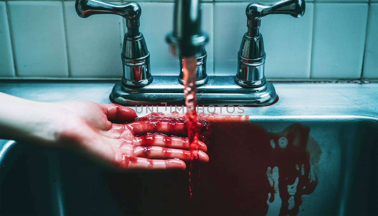 Washing hands with blood. washing bleeding hands in sink. Crime scene,murder,accident concept copy space Space for text