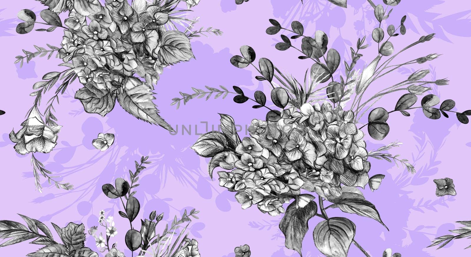 Vintage watercolor seamless pattern with black and white hydrangea flowers on a purple background. Botanical motif for summer textile and surface design