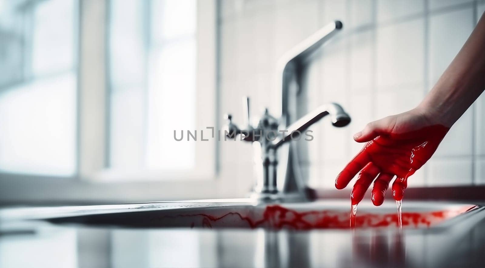 Washing hands with blood. washing bleeding hands in sink. Crime scene,murder,accident concept copy space Space for text