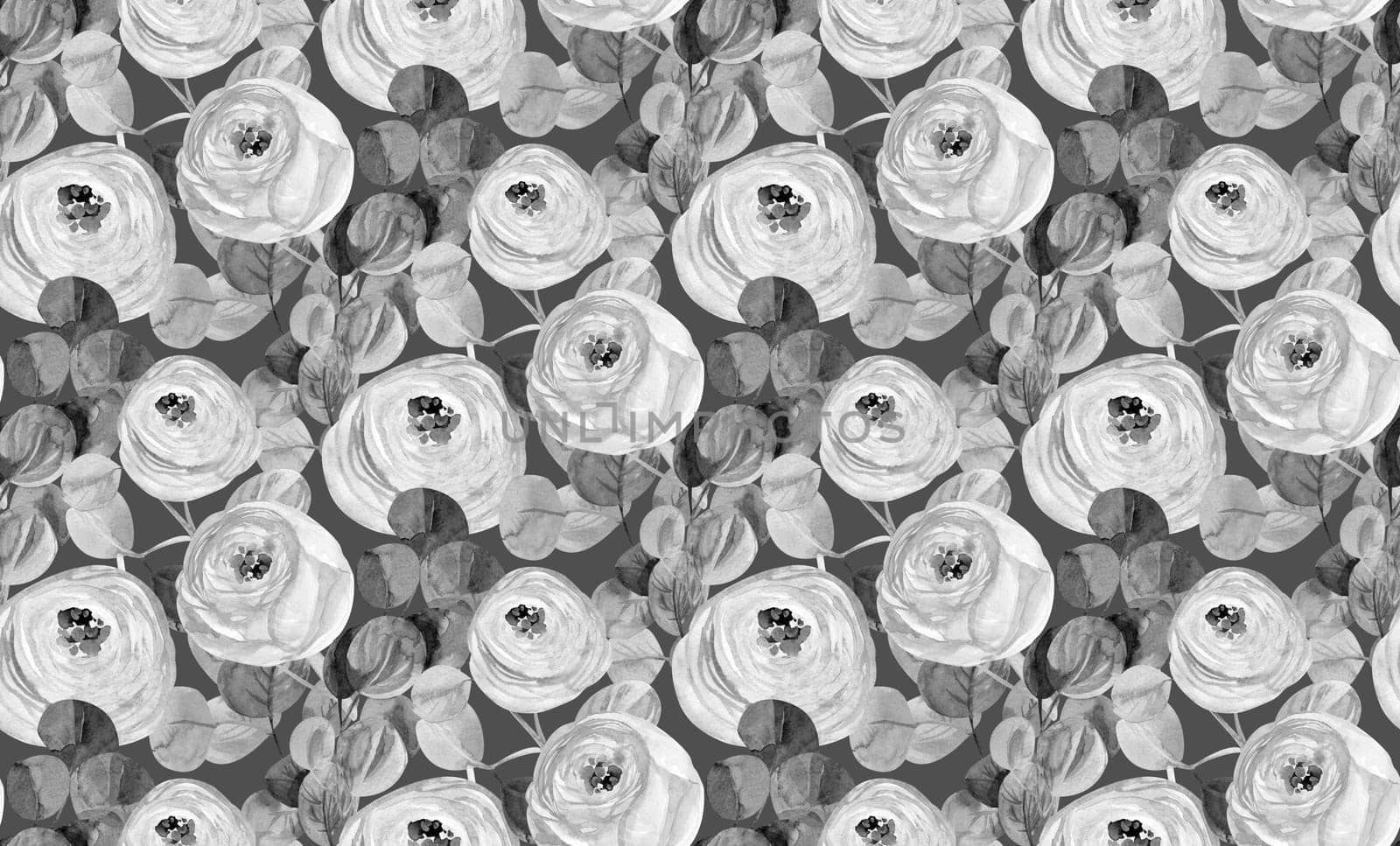 textile watercolor seamless pattern with rose flowers in black and white shades by MarinaVoyush