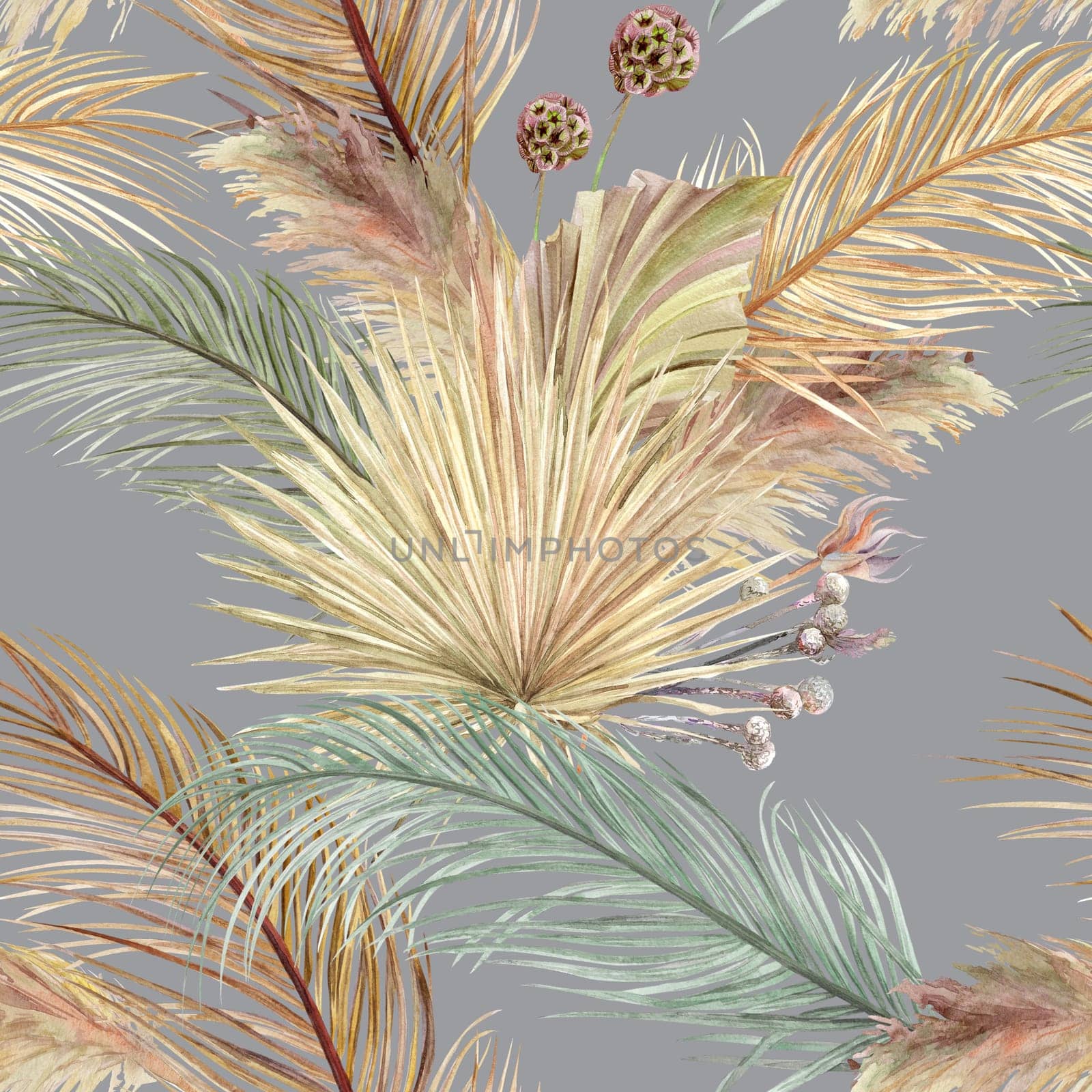 Watercolor seamless pattern with dry palm leaves on a gray background by MarinaVoyush