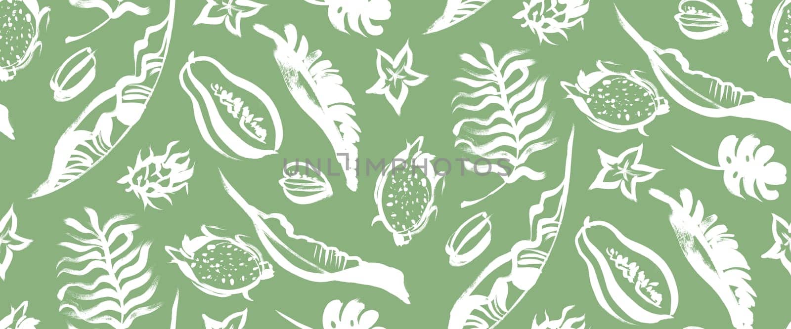 seamless green pattern with white tropical palm leaves and fruits for food and cafe related surface design