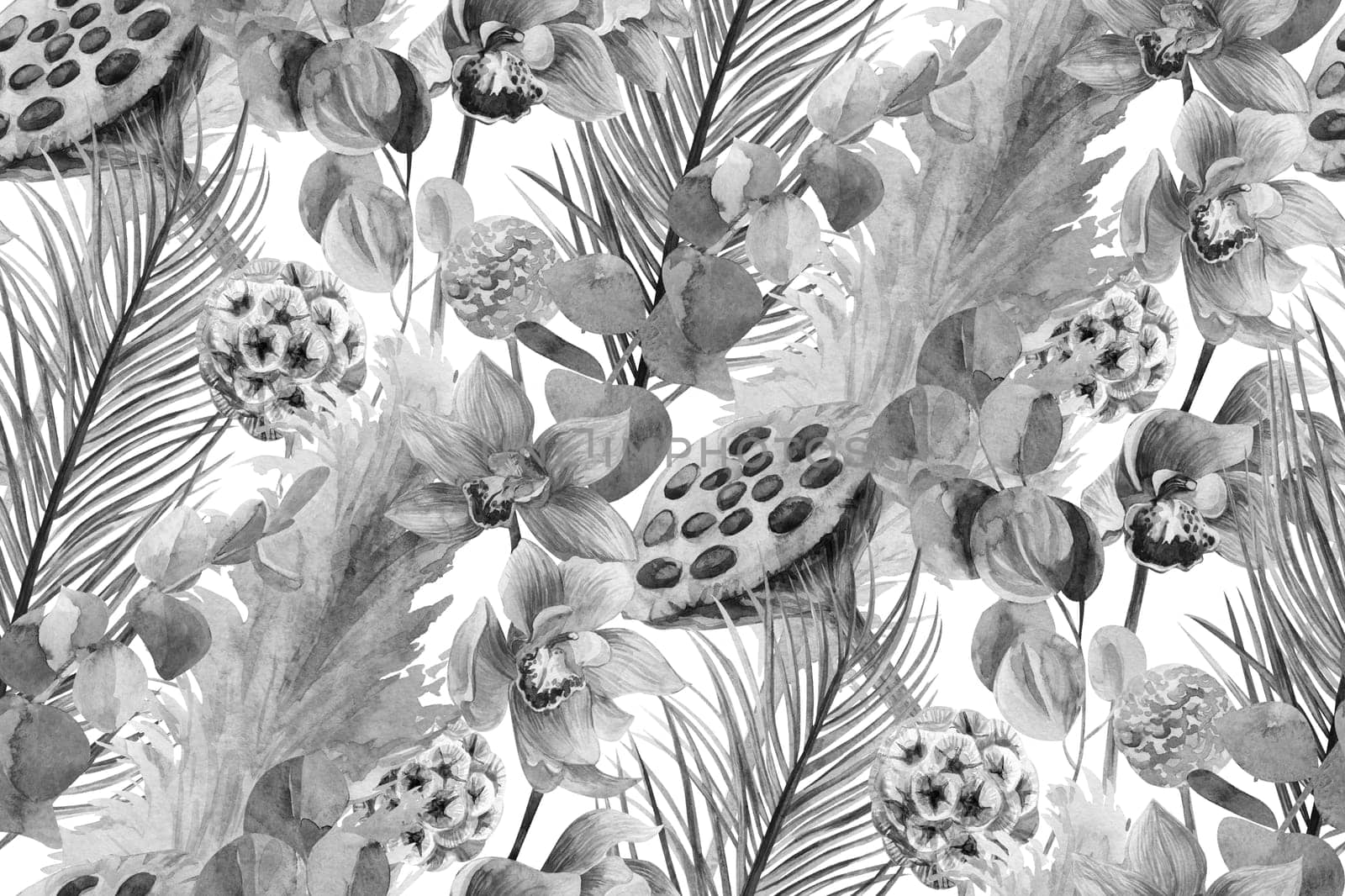 black and white watercolor seamless monochrome pattern with dry palm leaves and orchids on white background for textile, wallpaper and wrapping paper