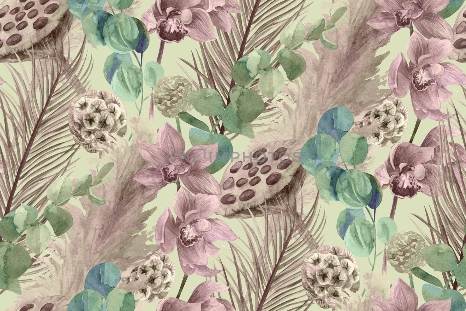 watercolor seamless pattern with orchids and dry palm branches and eucalyptus leaves on green background for textiles and surface design