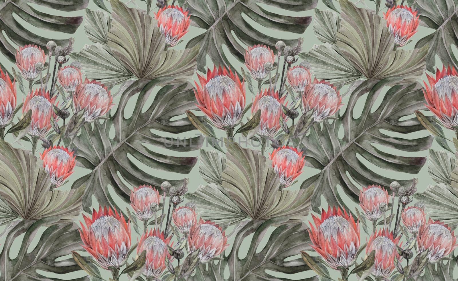 watercolor seamless pattern with herbarium of dry palm leaves, protea and monstera flower by MarinaVoyush