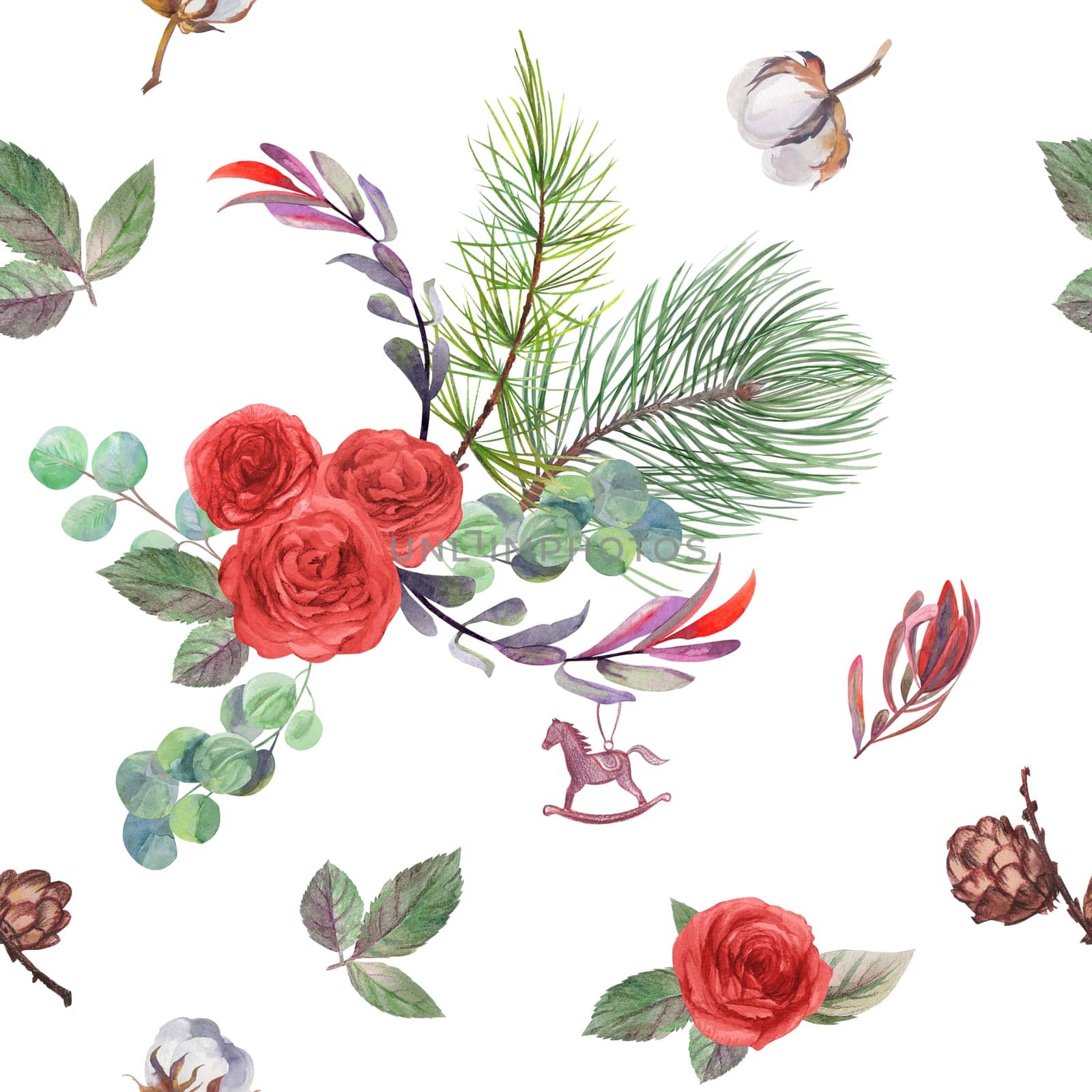 christmas winter seamless pattern with fir branches and red rose cones on white background for elegant surface design