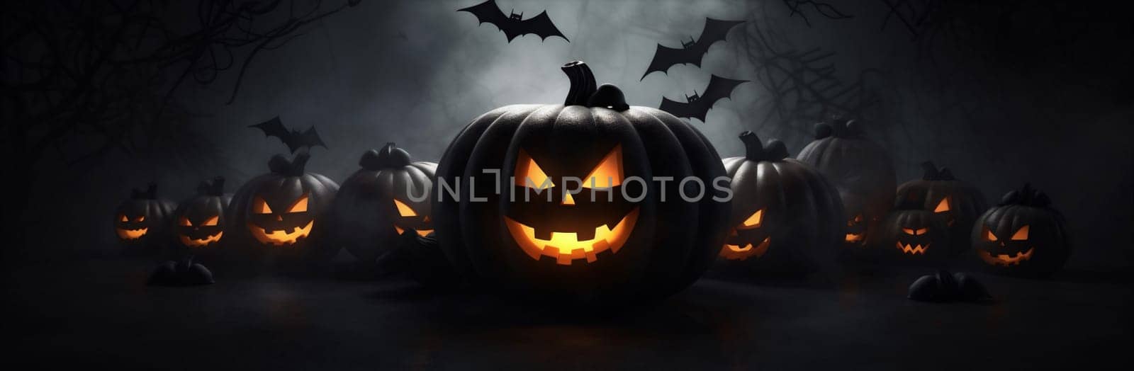 mystery halloween pumpkin background horror table illustration bat scary night cemetery fall october tree funny fear jack-o-lantern blue design sky light. Generative AI.