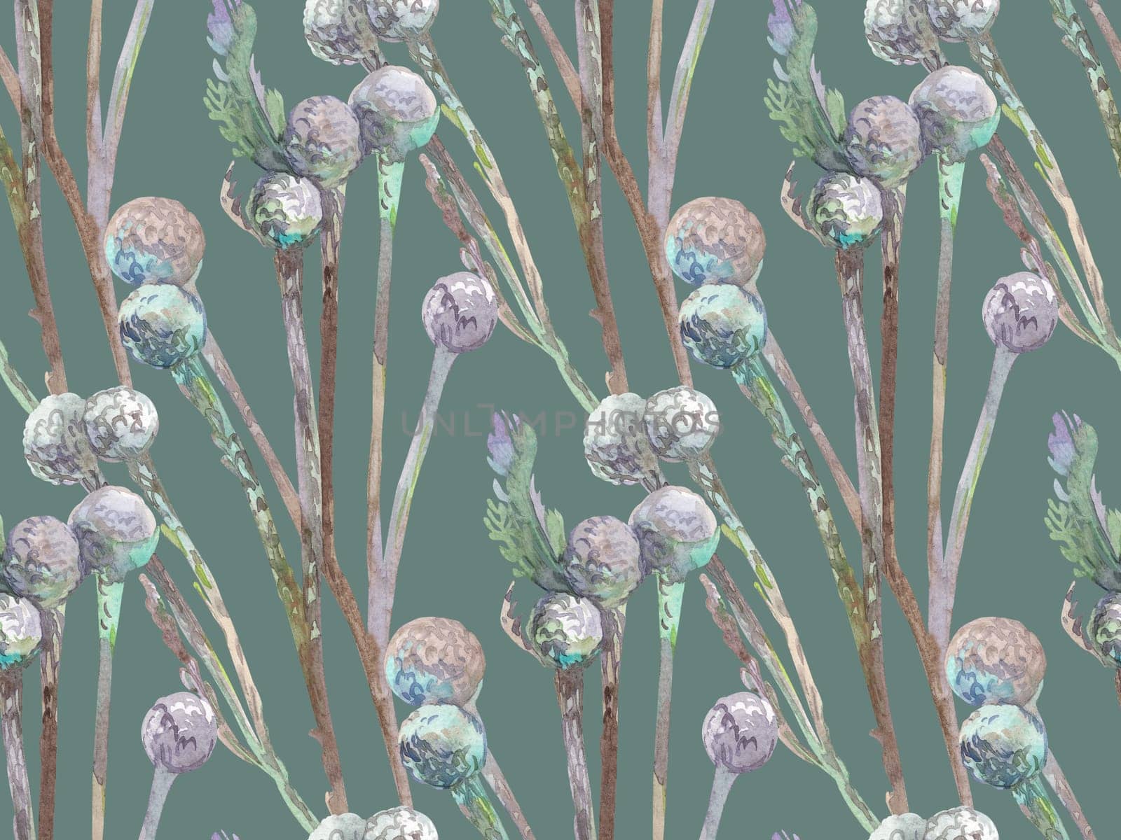 watercolor botanical pattern with gray dried brunei flowers on a green background for packaging and surface and textile design