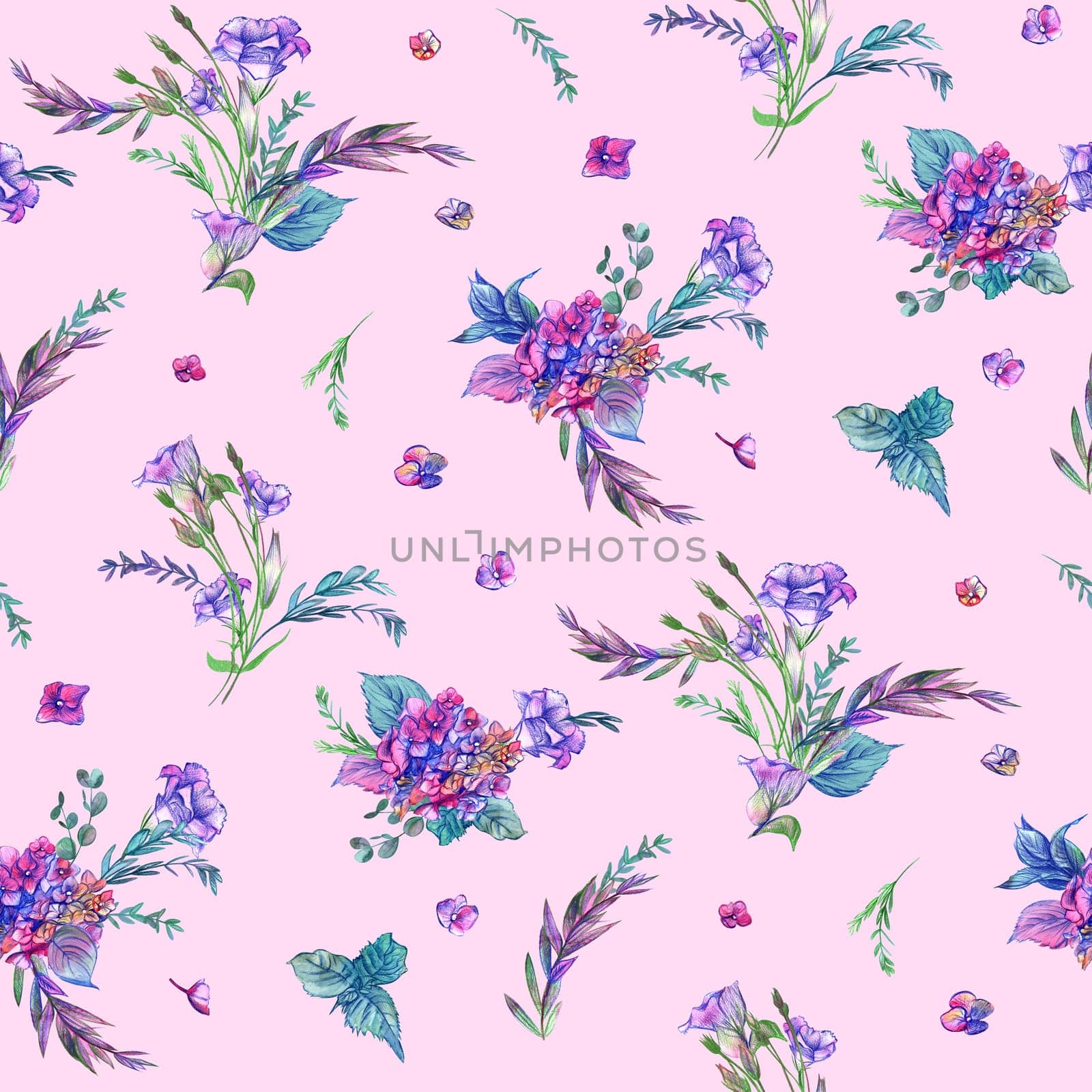 Seamless pattern with hydrangea flowers on pink drawn with watercolors and pencils for summer textile and design for girls