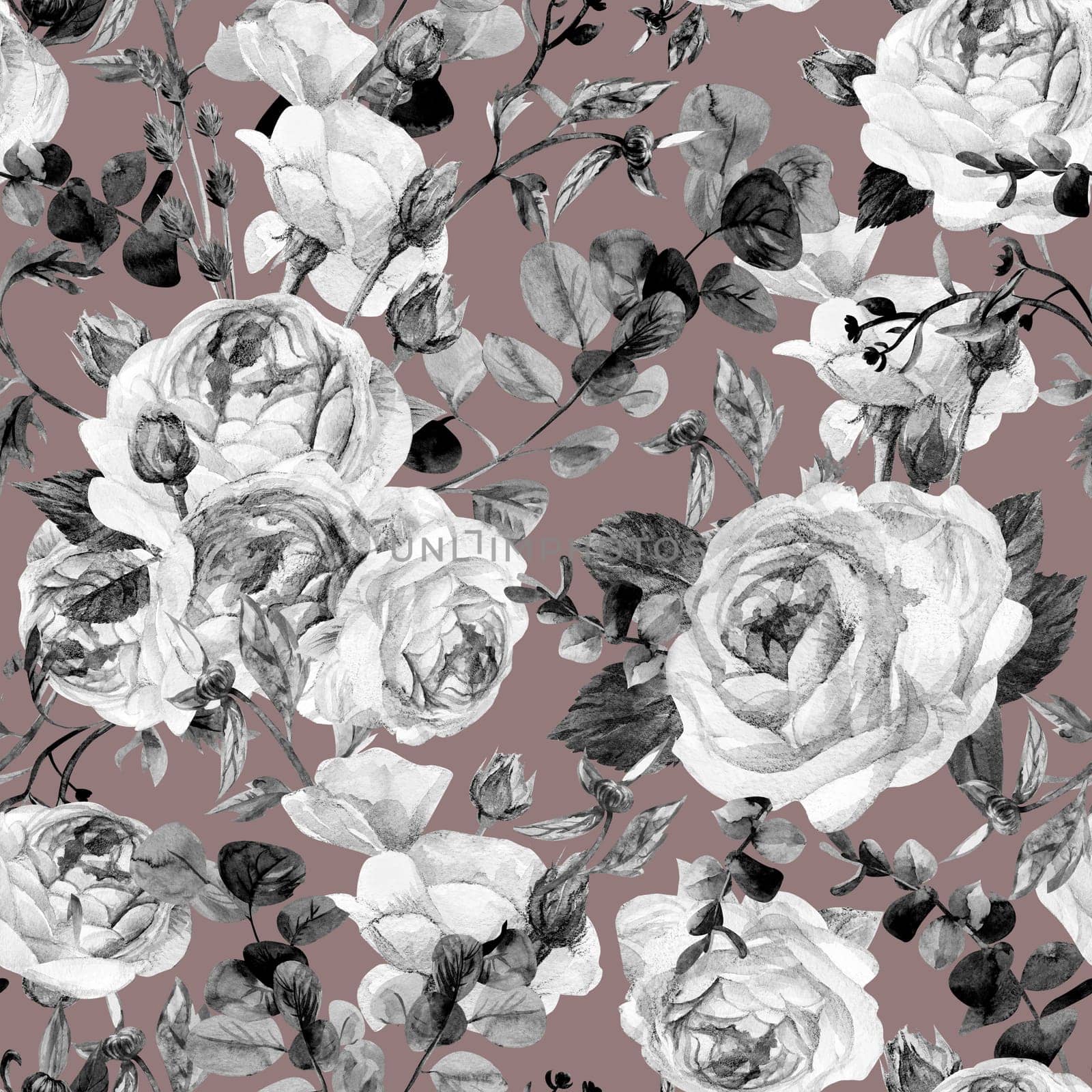 Seamless pattern with vintage black and white roses and eucalyptus branches painted with watercolor on a brown background for summer feminine textiles and surface design