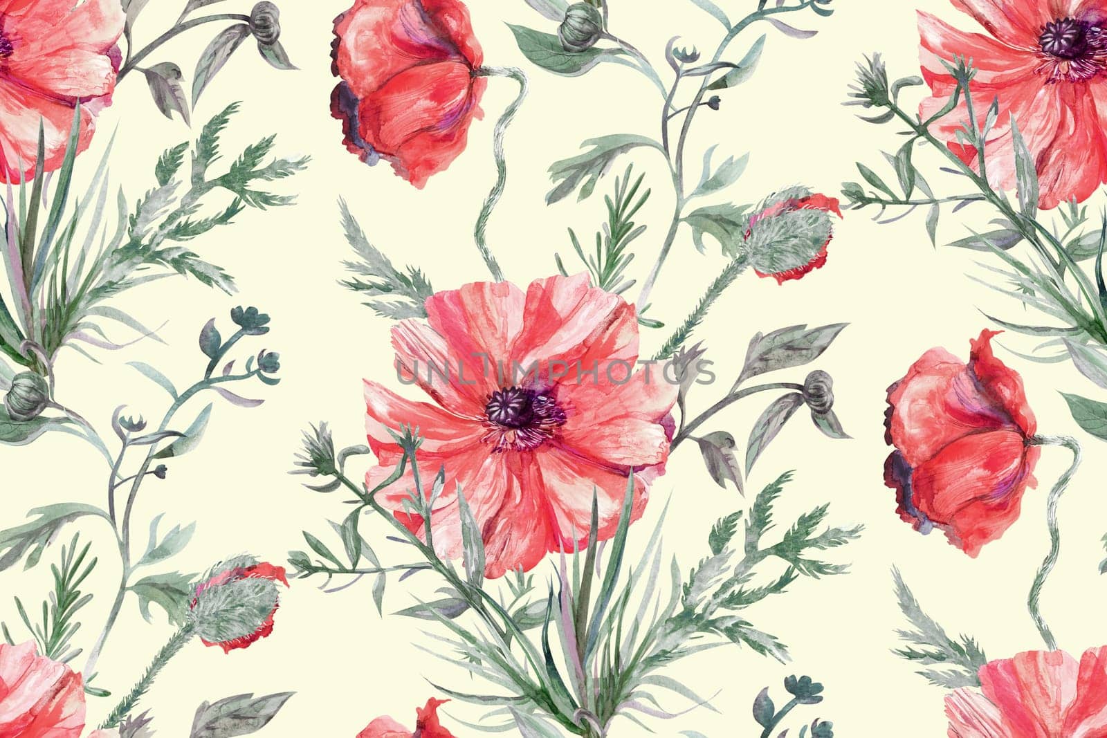 Seamless watercolor pattern with red poppy flowers on a light yellow background by MarinaVoyush