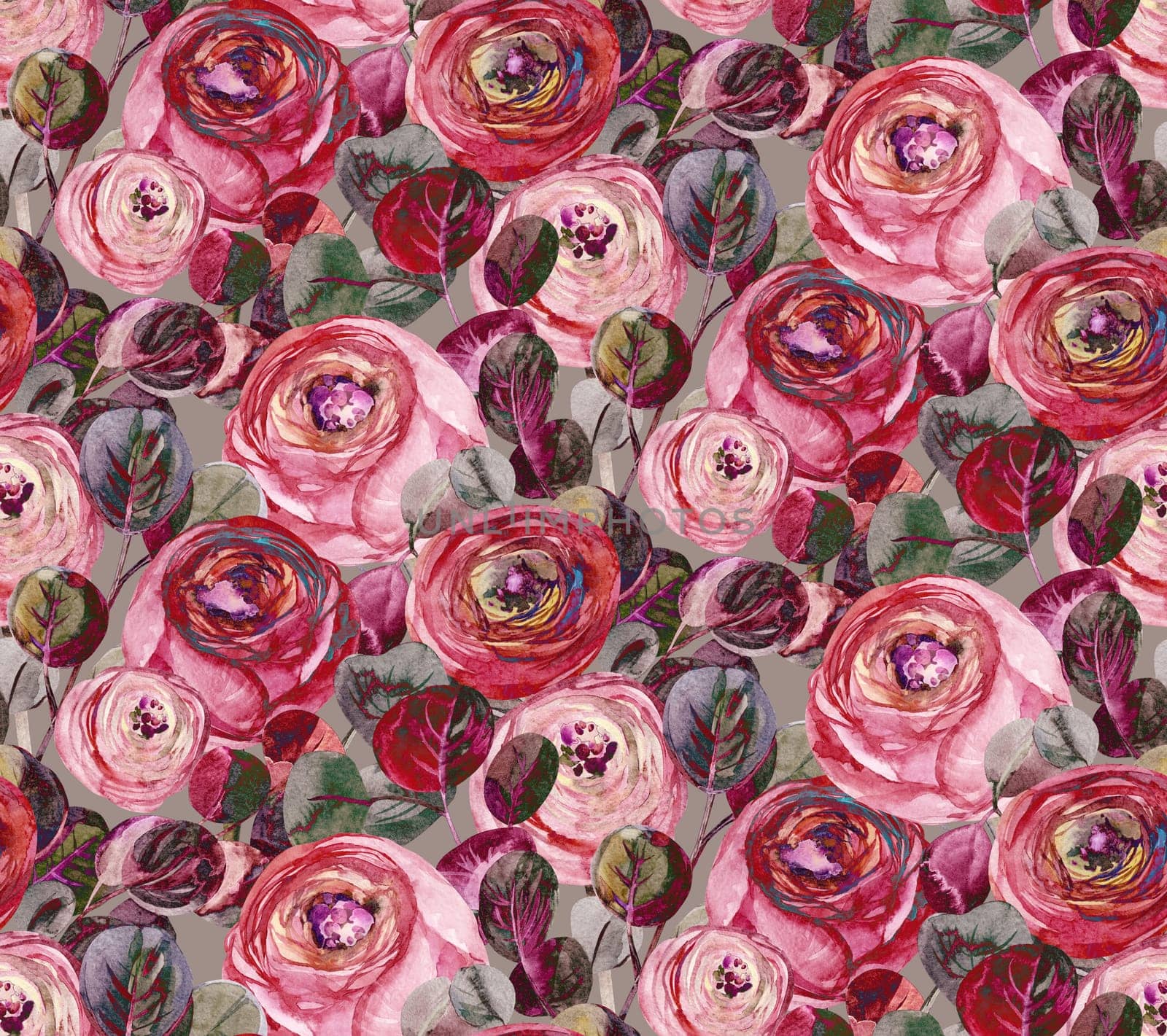 stylized retro watercolor seamless pattern with pink rose flowers and eucalyptus branches in vintage style on gray background for textile and surface design