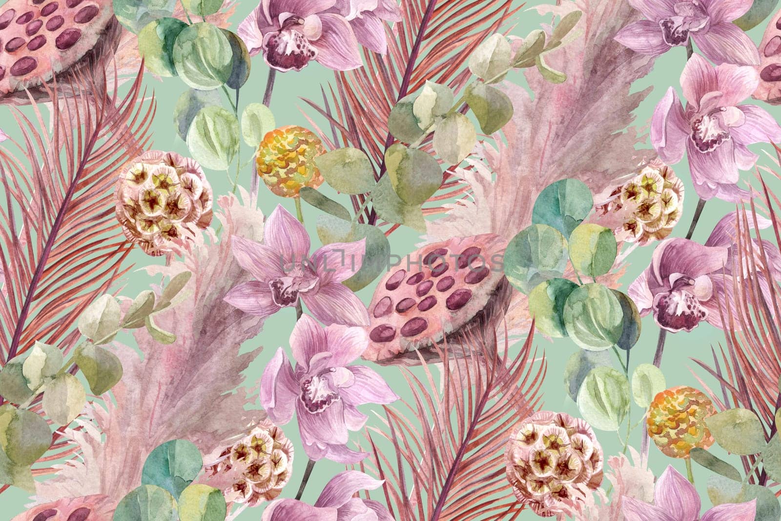 watercolor seamless tropical pattern with herbarium of dried flowers with orchid flower and dry palm branches painted in boho style