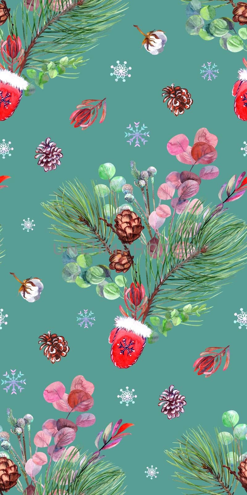 watercolor Christmas seamless pattern with varzhka and winter bouquet with dried flowers and fir branches on turquoise background for wrapping paper and fabric