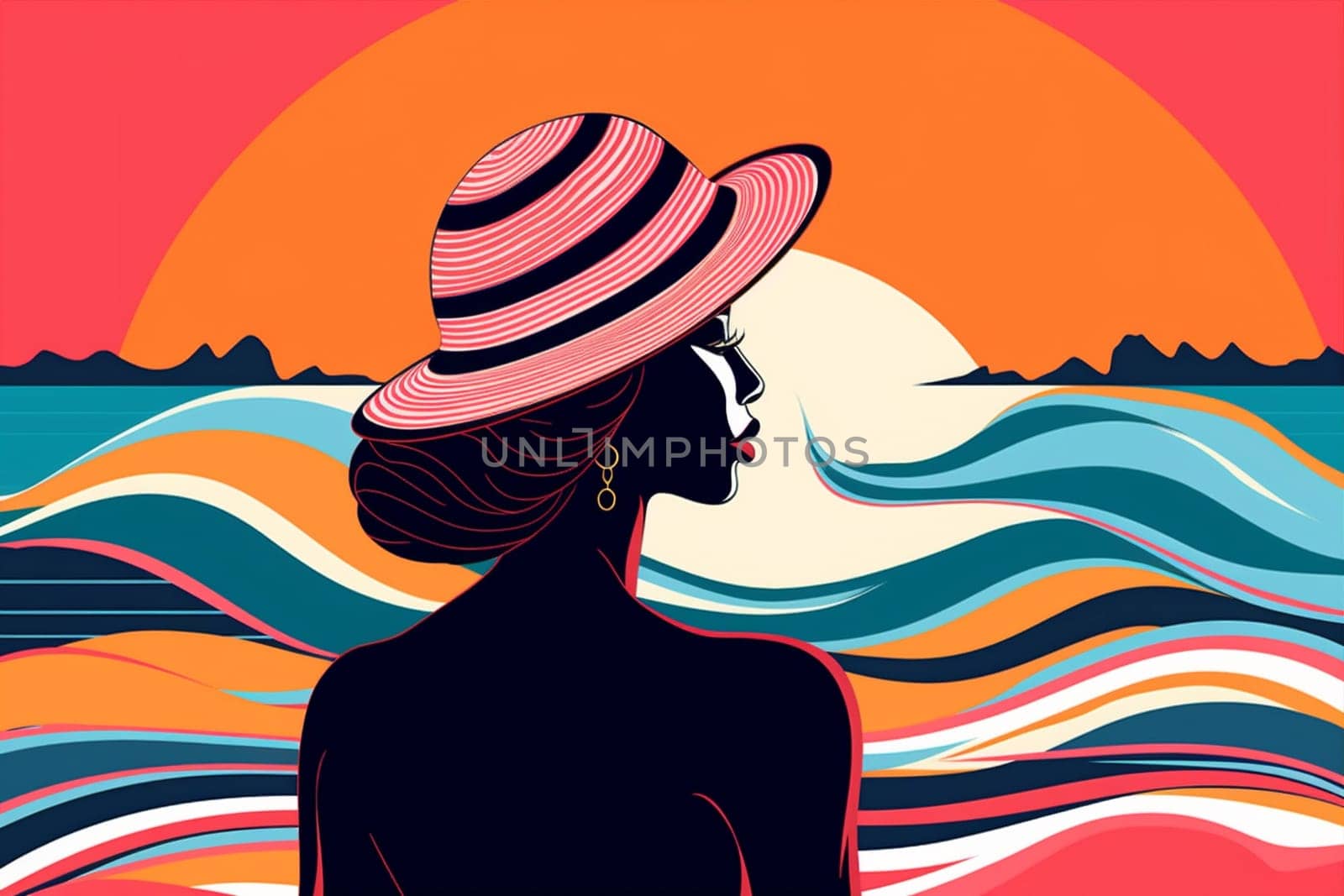 woman concept beige black design tanned young beach hat vacation summer. Generative AI. by Vichizh