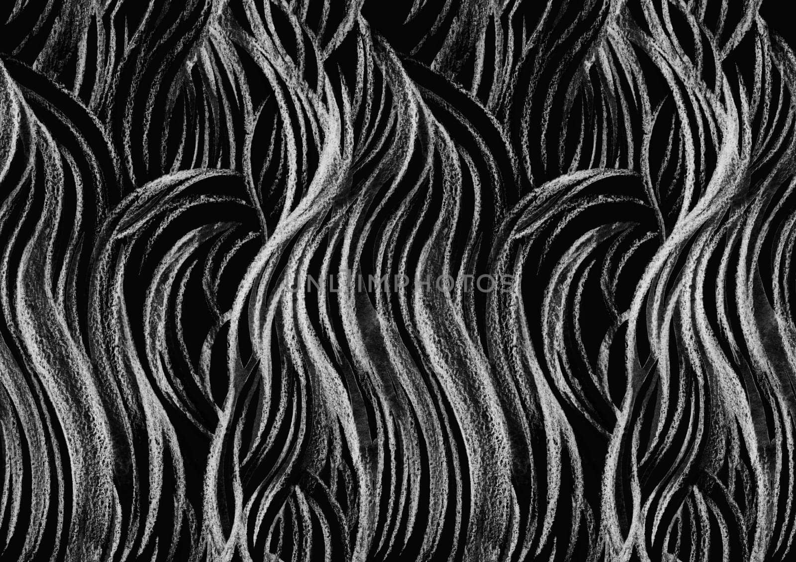 black and white abstract seamless pattern drawn with watercolor and pencil resembles chalk drawing for surface and textile design. Plastic graceful white lines on a black background.