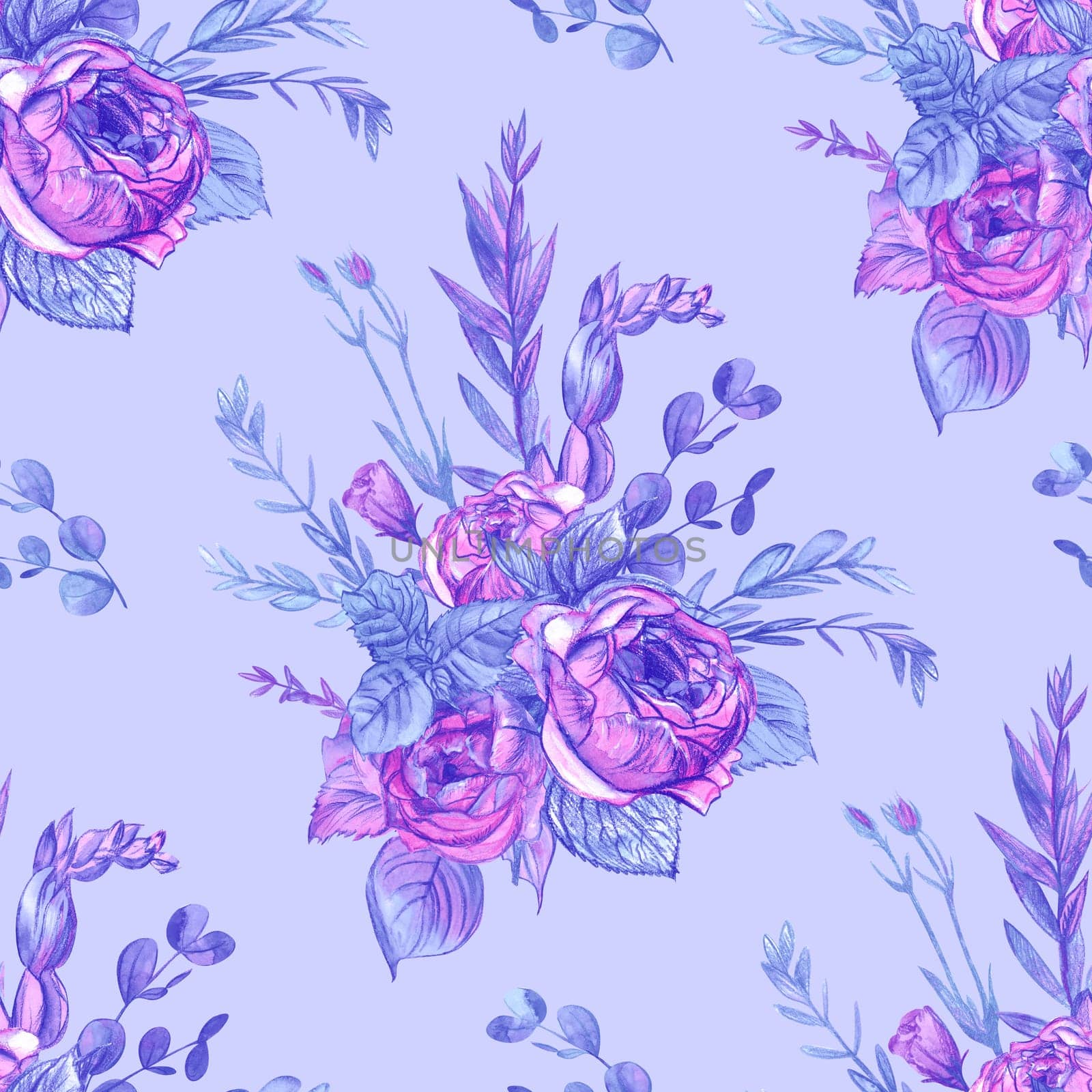 Seamless pattern in purple shades with roses drawn with watercolor by MarinaVoyush