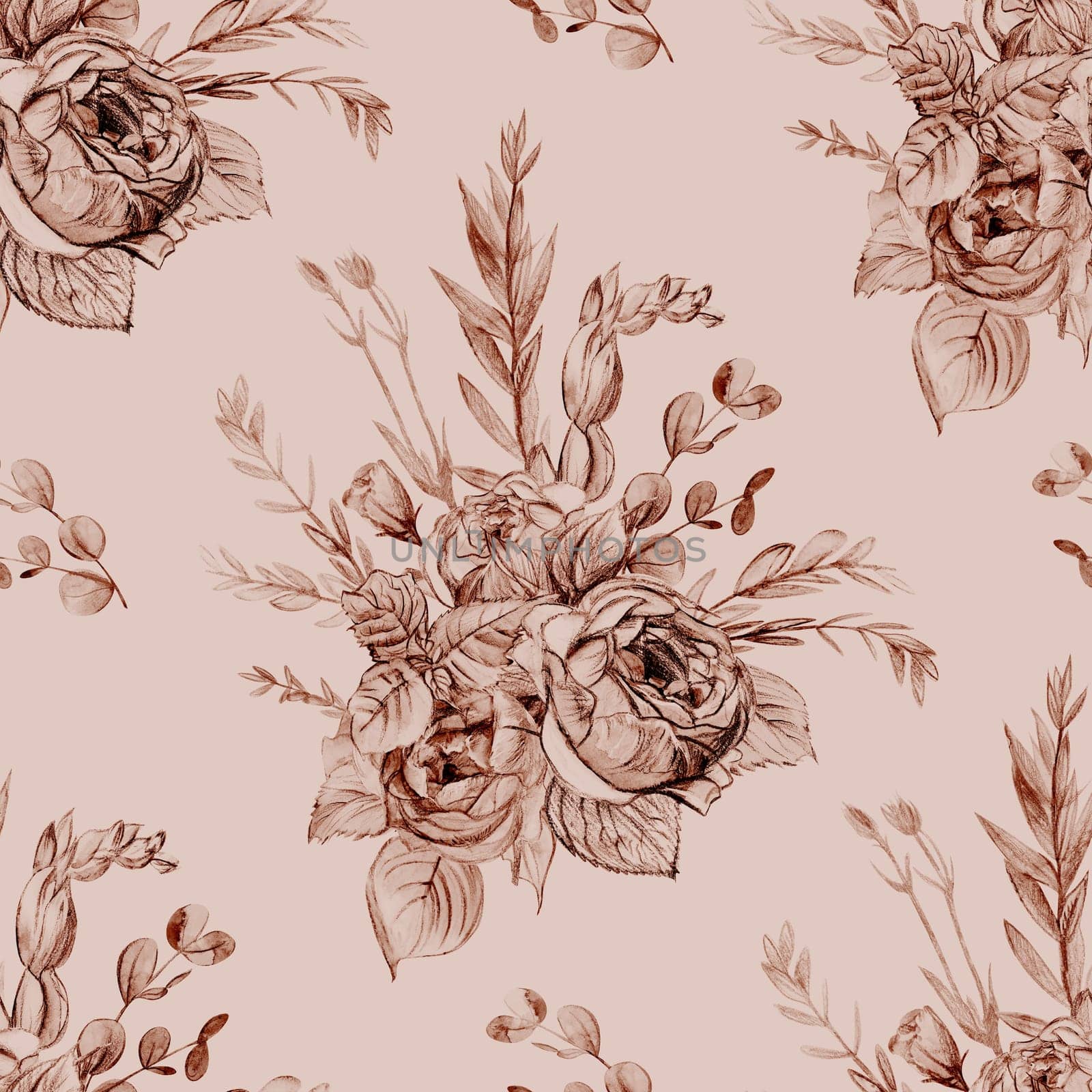 Seamless textile monochrome beige botanical pattern with graphic design of roses and eustoma by MarinaVoyush