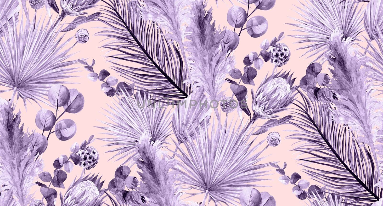 Seamless watercolor pattern with protea flowers and tropical palms and eucalyptus branches drawn for textile