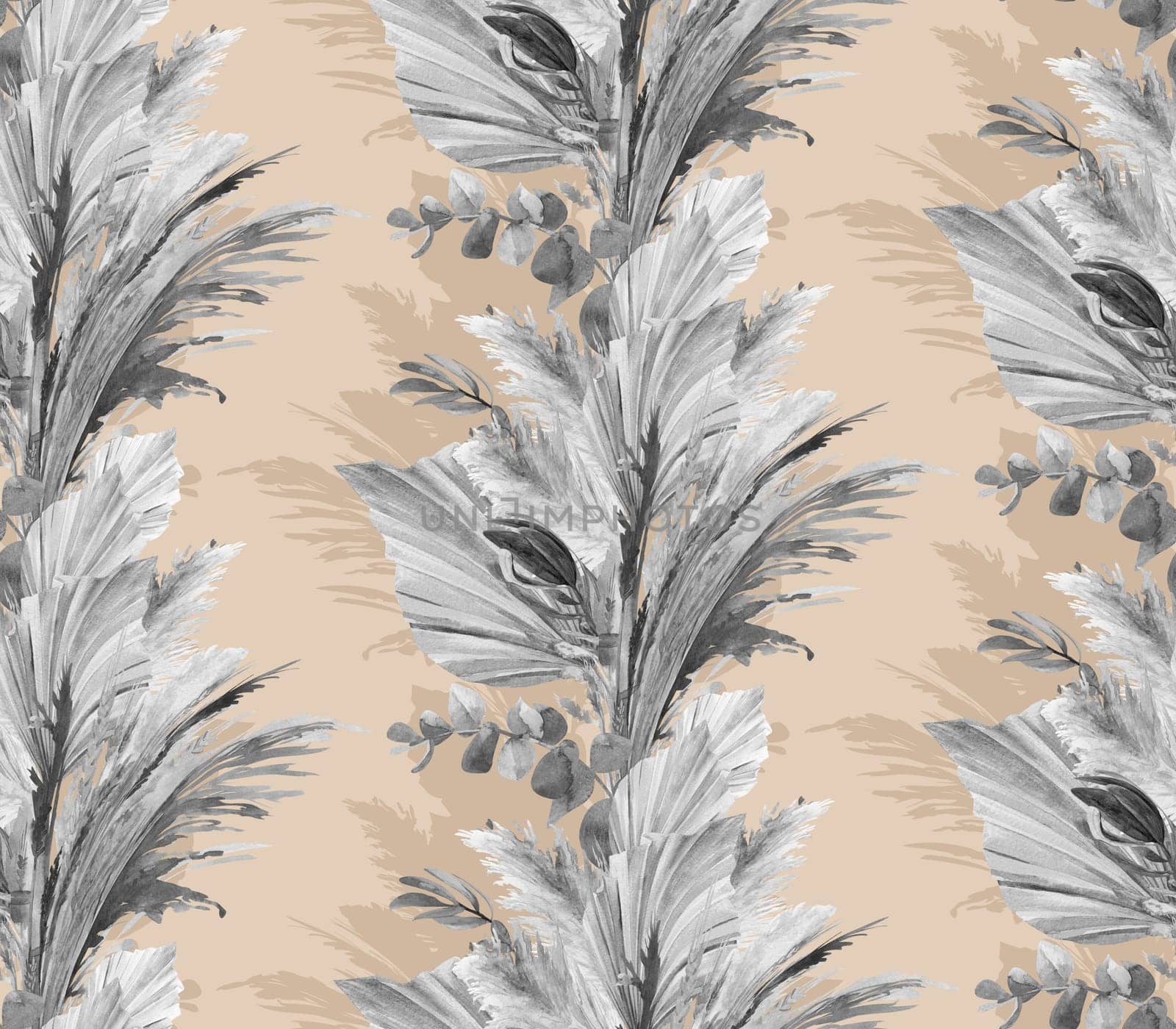 Monochrome Seamless black and white pattern with pampas grass and dried flowers on a beige background painted in watercolor for textile and surface design