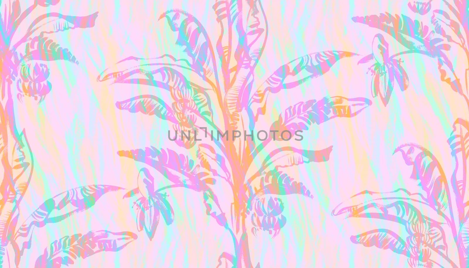 purple summer seamless pattern with a banana palm with tropical leaves drawn with a dry brush in colorful pastel shades for textile