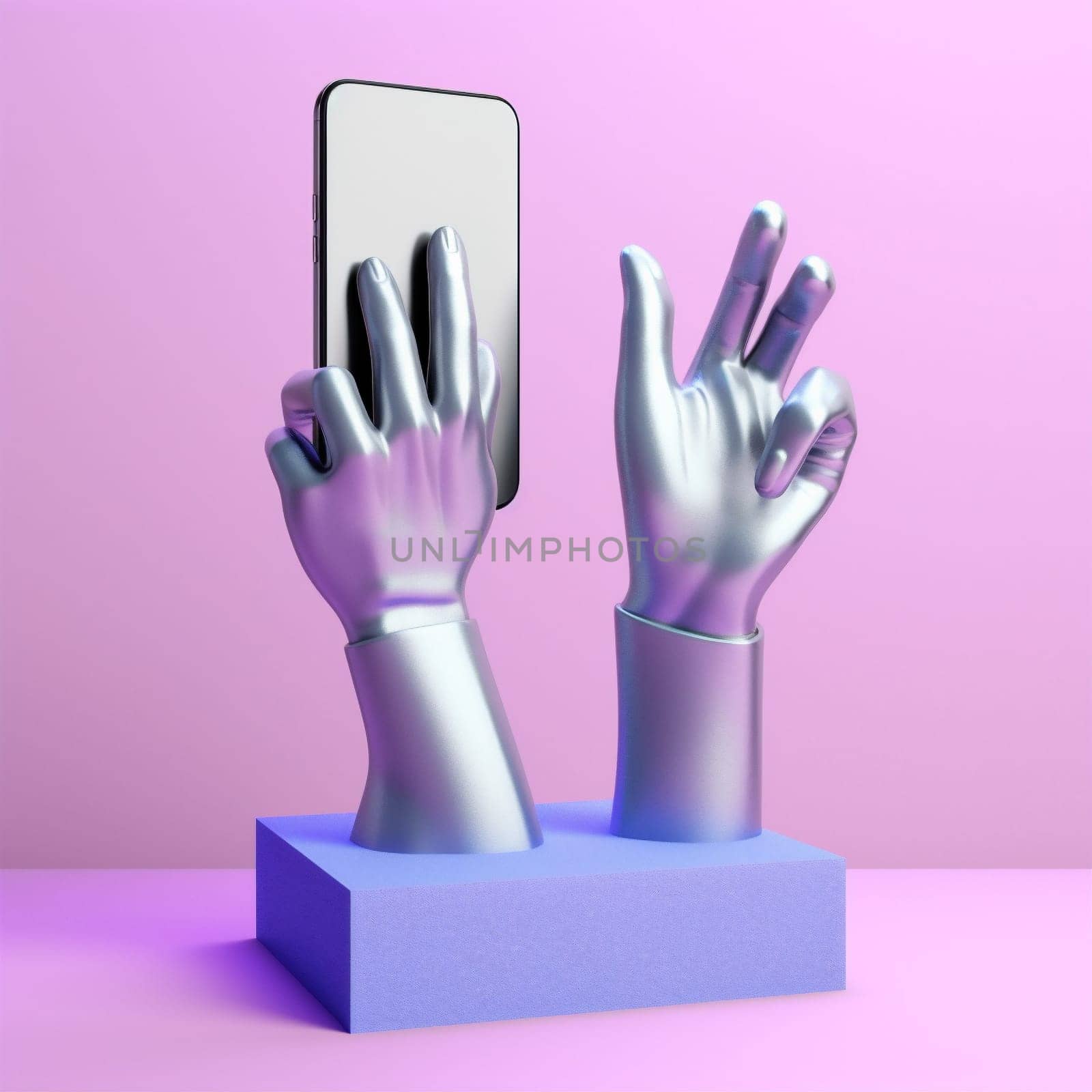 hand phone mag background collage purple screen design online art modern. Generative AI. by Vichizh