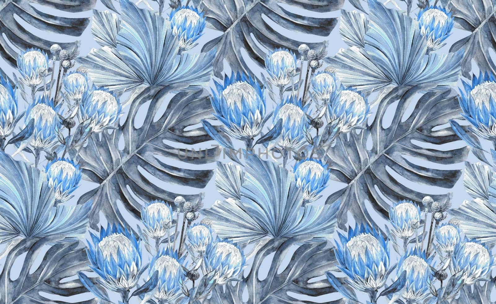 fashion watercolor blue monochrome seamless pattern with tropical dried protea flowers and monstera leaves for surface and fabric design