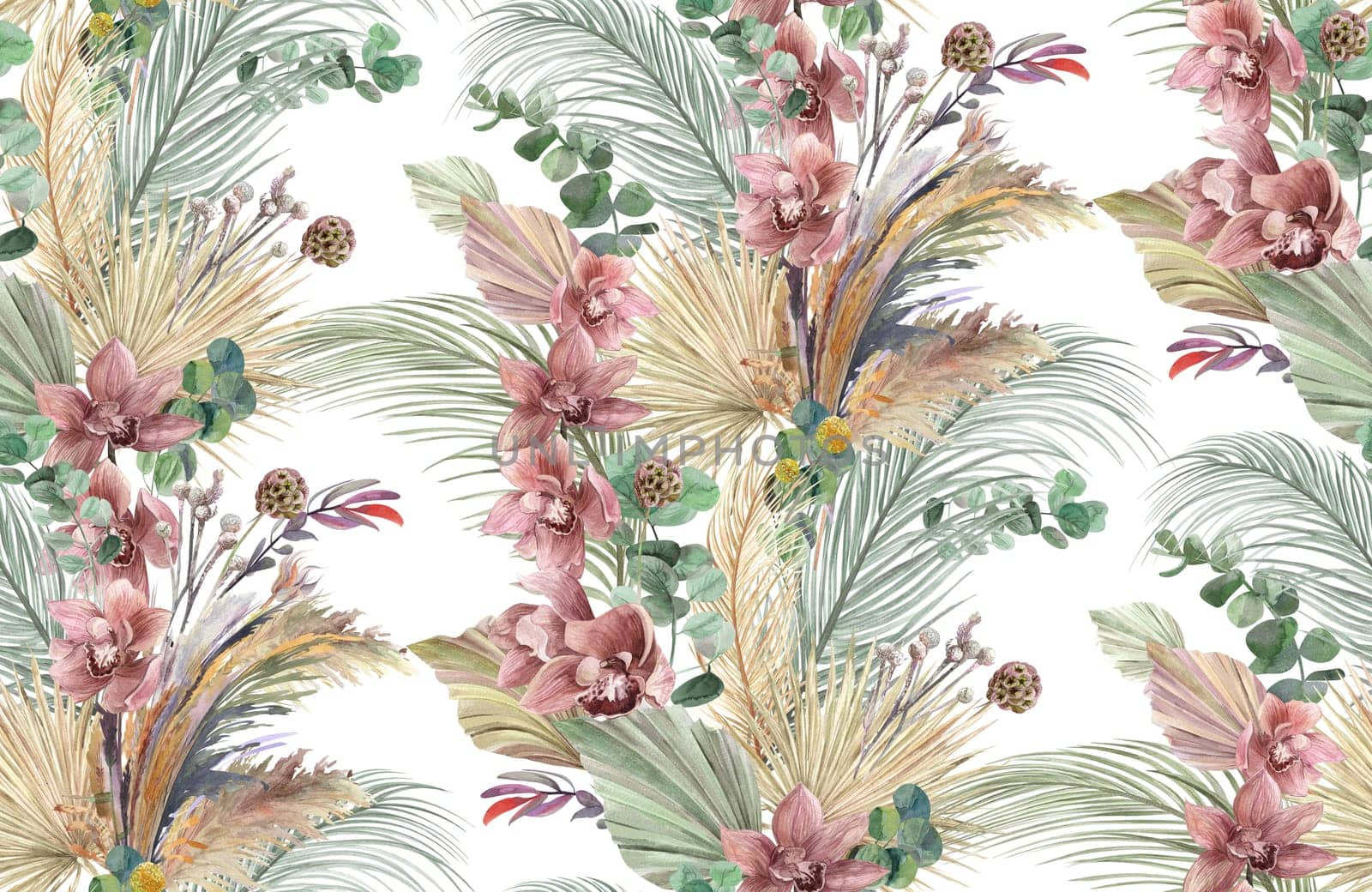Seamless pattern with orchid flowers and herbarium of dry palm leaves and pampas grass on white background for textile and surface design