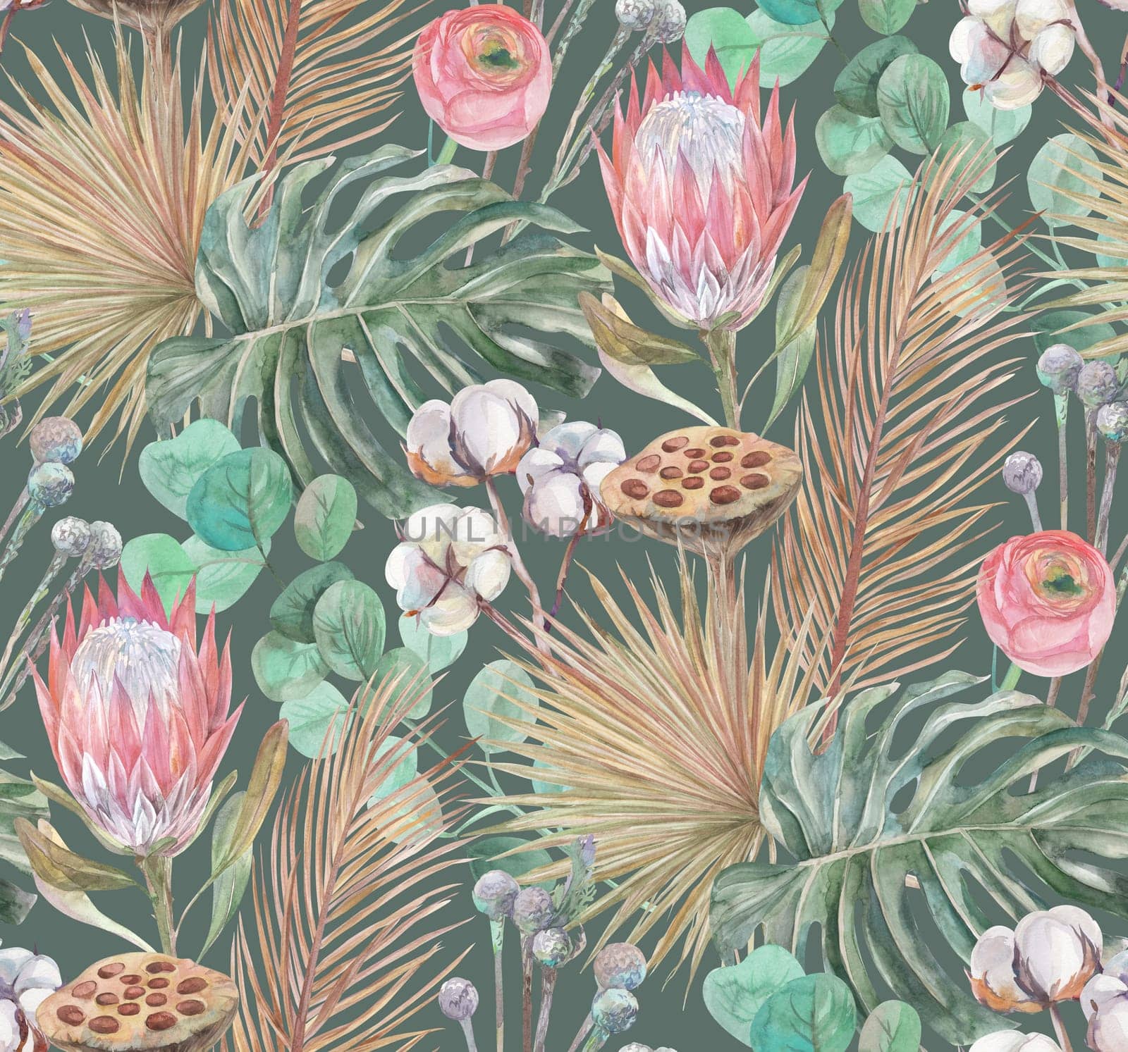 delicate watercolor seamless pattern with tropical dried flowers and palm and monstera leaves on a green background for textiles and surface design