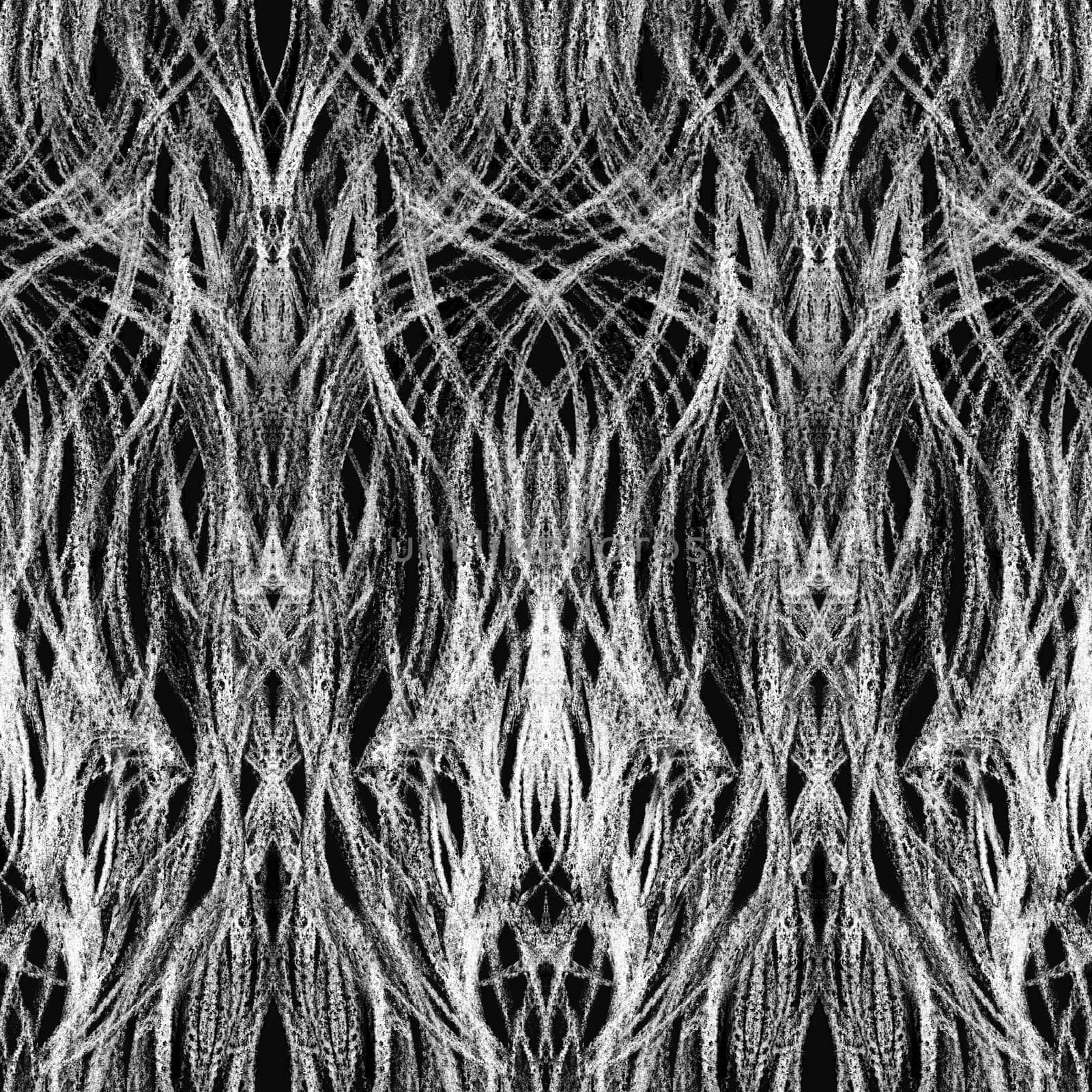 Seamless pattern with a gothic symmetrical ornament drawn with a white pencil on a black background. Vertical plastic lines drawn like chalk on a blackboard for Halloween or historical backgrounds, textiles or design