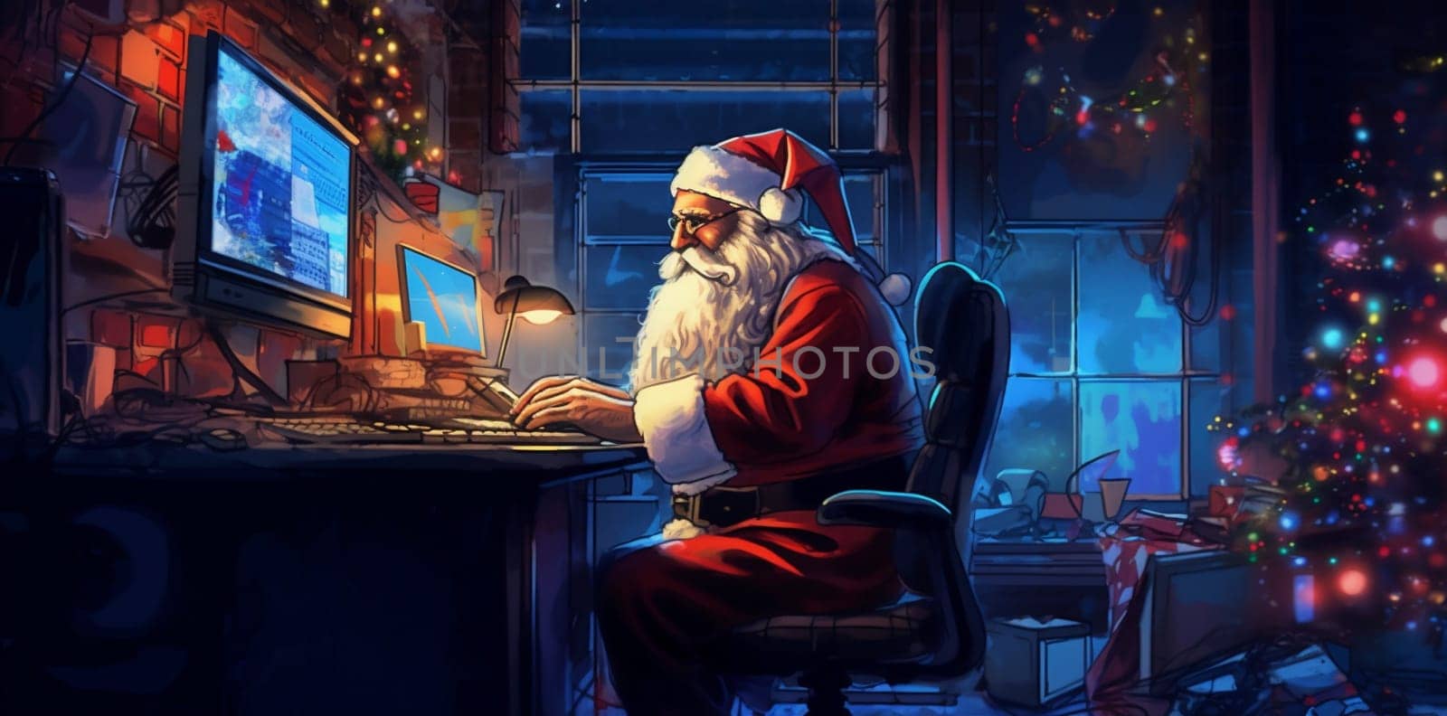 cheerful man communication family house greeting computer claus christmas character holiday decoration indoor happy december santa home design illustration laptop. Generative AI.