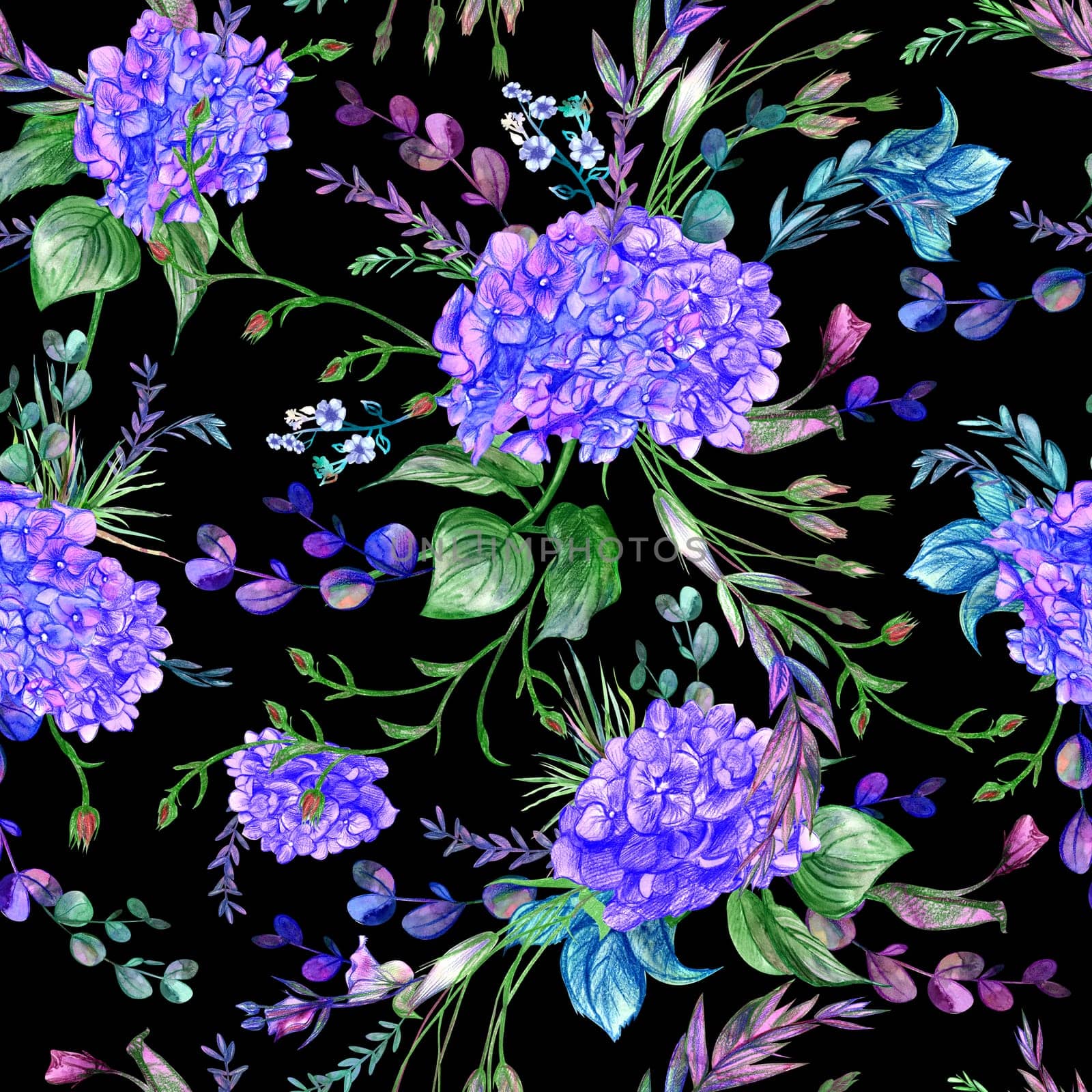 Summer watercolor seamless pattern with bright hydrangeas on a black background by MarinaVoyush