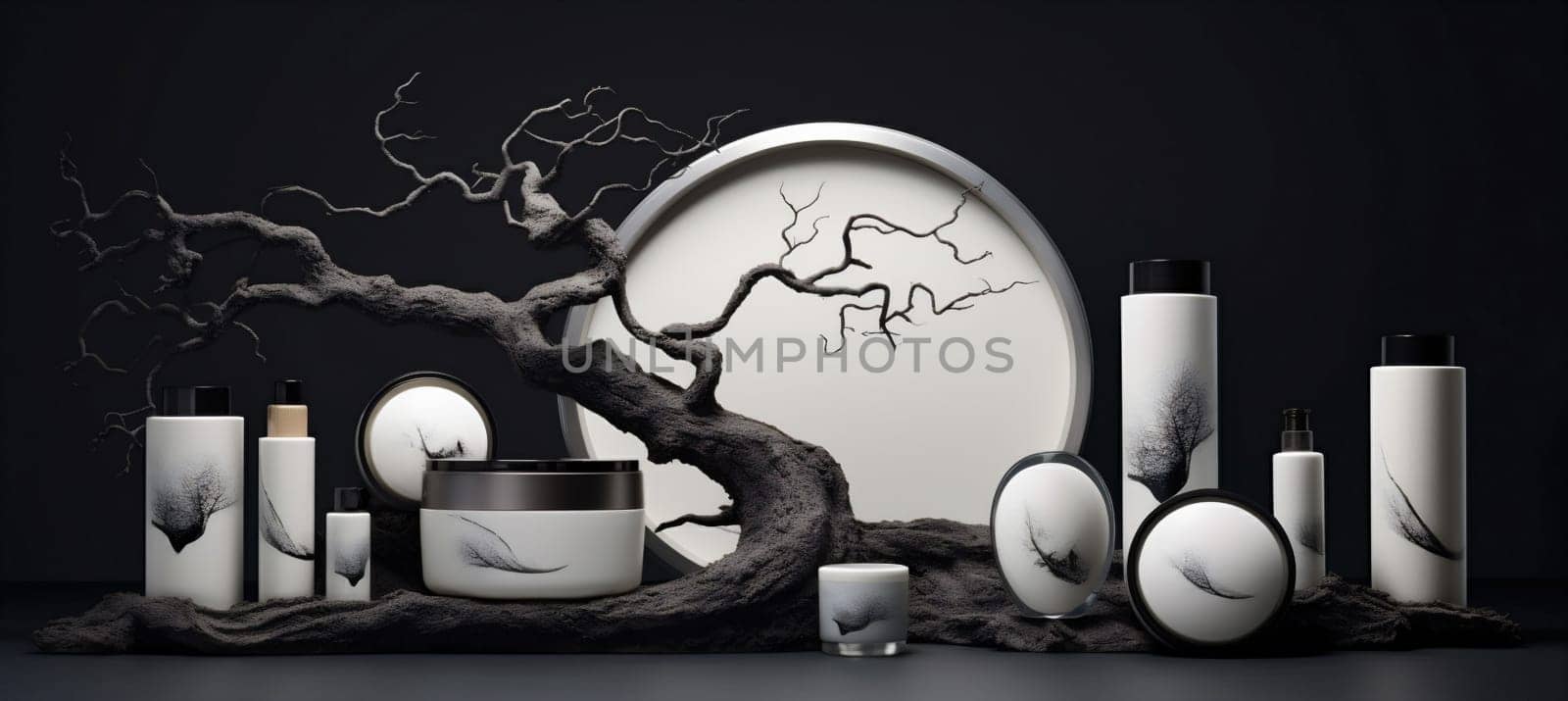 cosmetic trendy stone dais bottle natural background wooden beauty product minimalism tree empty layout branch eco beige nature halloween presentation design tree. Generative AI.