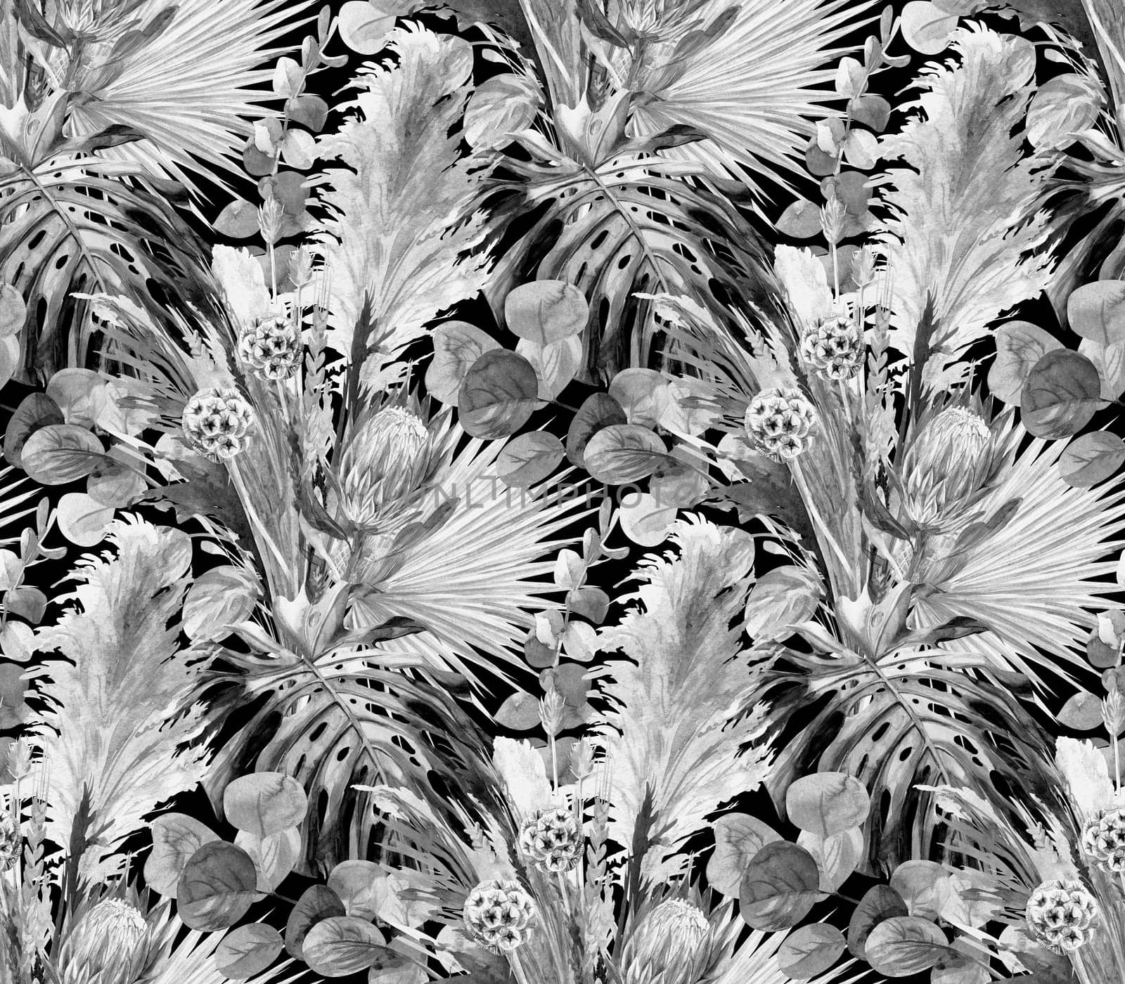 black and white watercolor seamless pattern with herbarium of dry palm leaves with protea and monstera flower and pampas for textiles