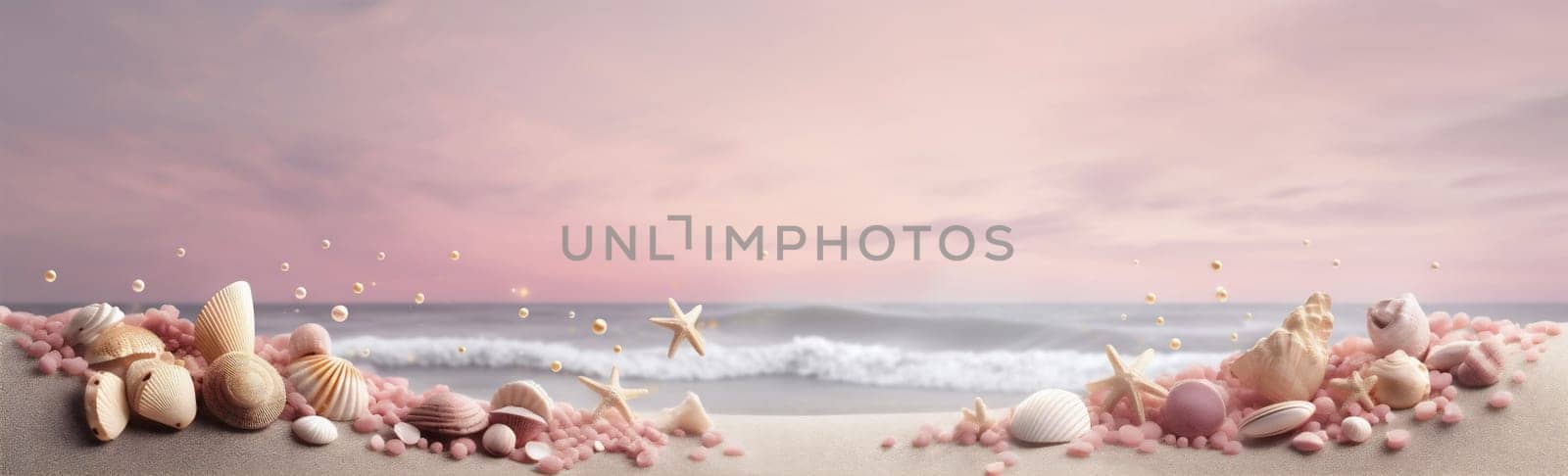 holiday shell sand landscape tropical summer sea shore beach beautiful exotic background seasonal bright concept banner nature conch ocean relax. Generative AI.