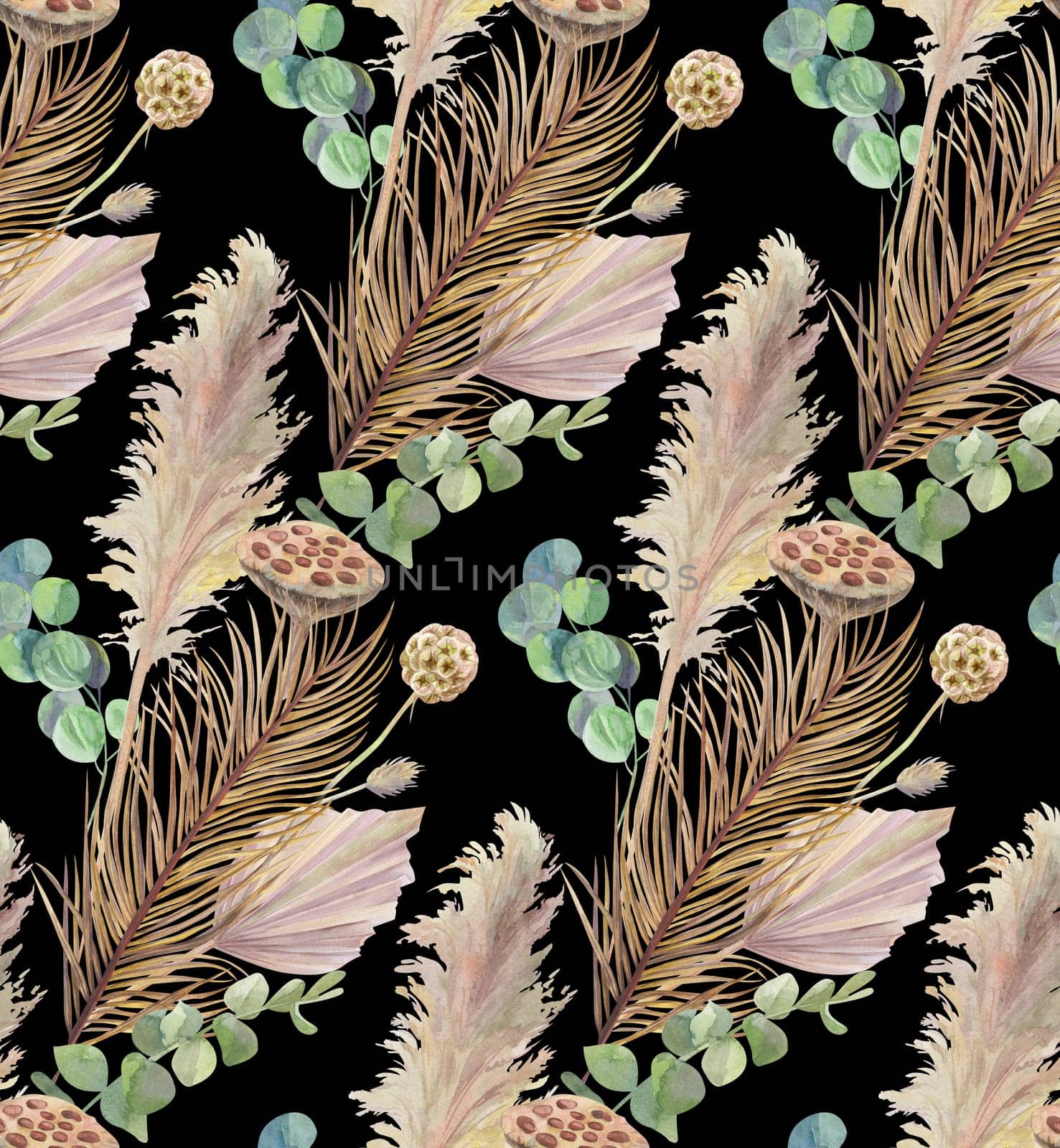 watercolor seamless pattern with dried flowers and dry palm leaves on black background for textile and surface design