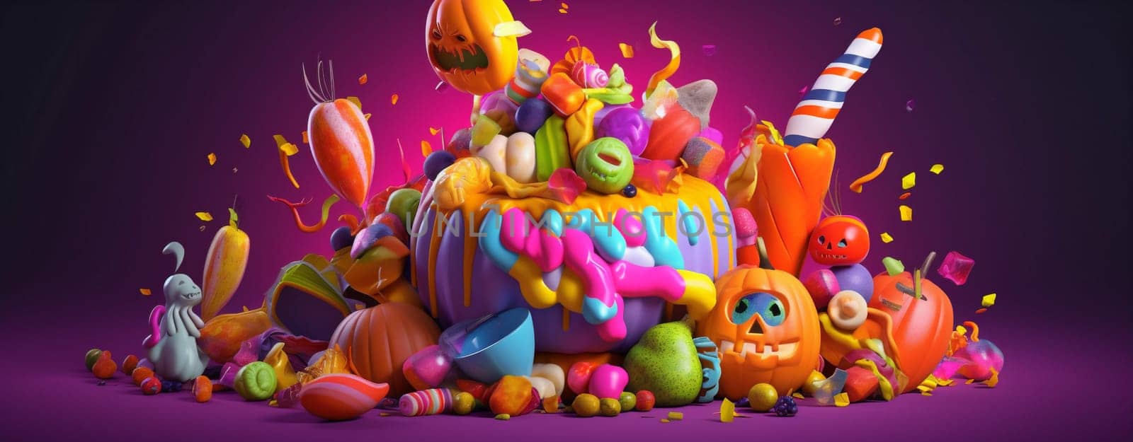 purple halloween party pumpkin candy holiday orange sweet spider celebration. Generative AI. by Vichizh