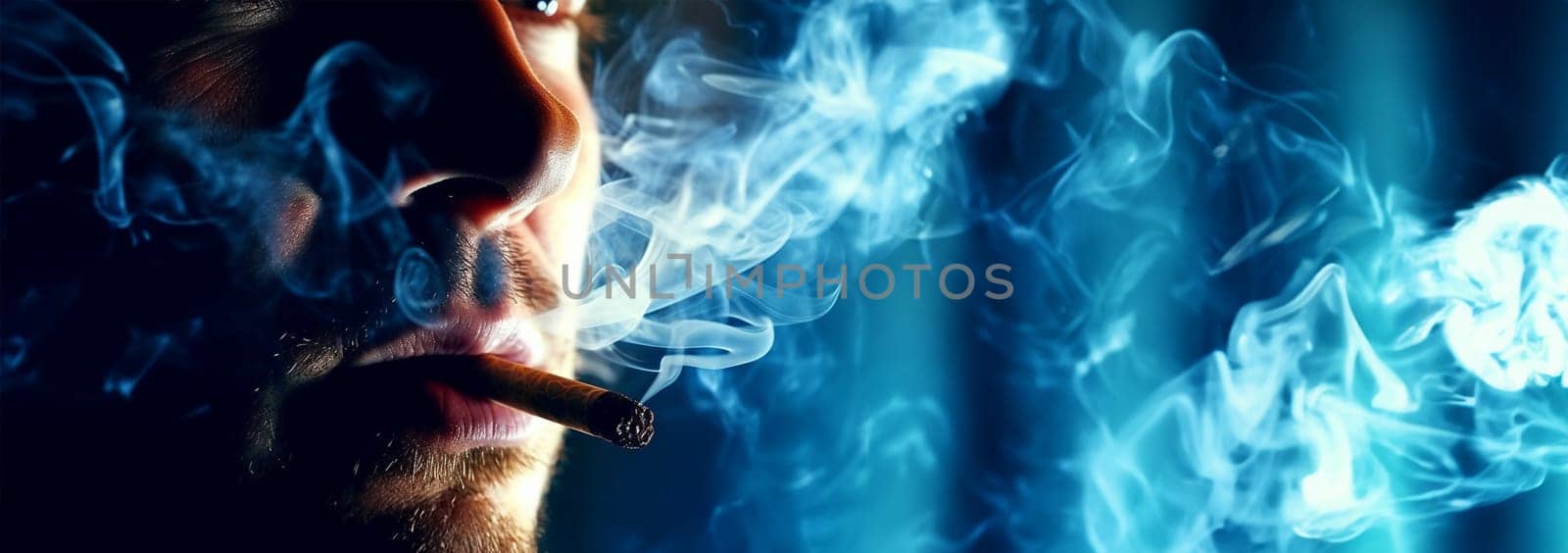 Stop smoking cigarettes concept. Portrait cigarette in mouth. Background surrounded with smoke. quitting smoking cigarettes. Quit bad habit, health care concept. No smoking. Copy space by Annebel146