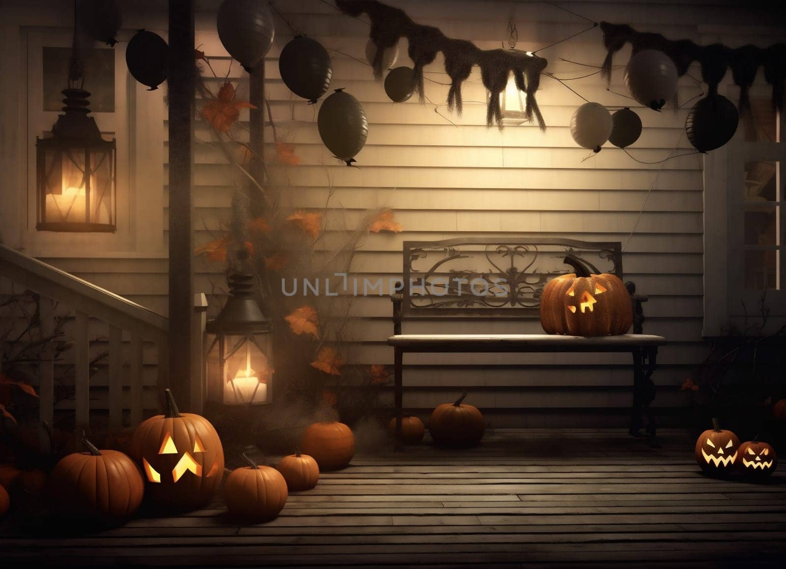 decoration house porch wooden pumpkin door halloween holiday leaf fall. Generative AI. by Vichizh