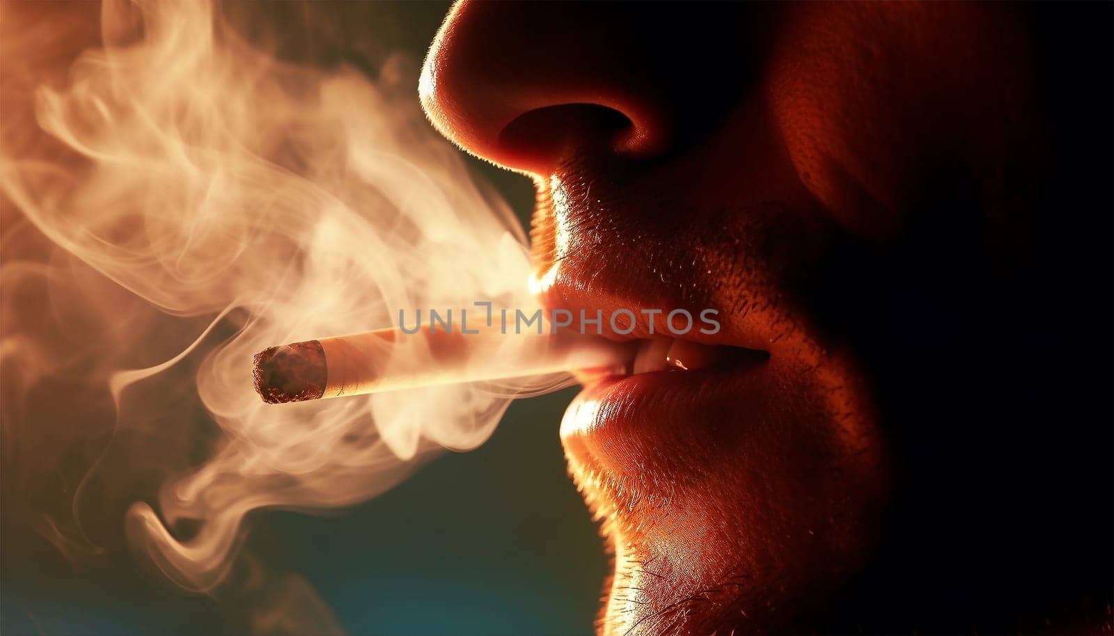 Stop smoking cigarettes concept. Portrait cigarette in mouth. Background surrounded with smoke. quitting smoking cigarettes. Quit bad habit, health care concept. No smoking. Copy space by Annebel146