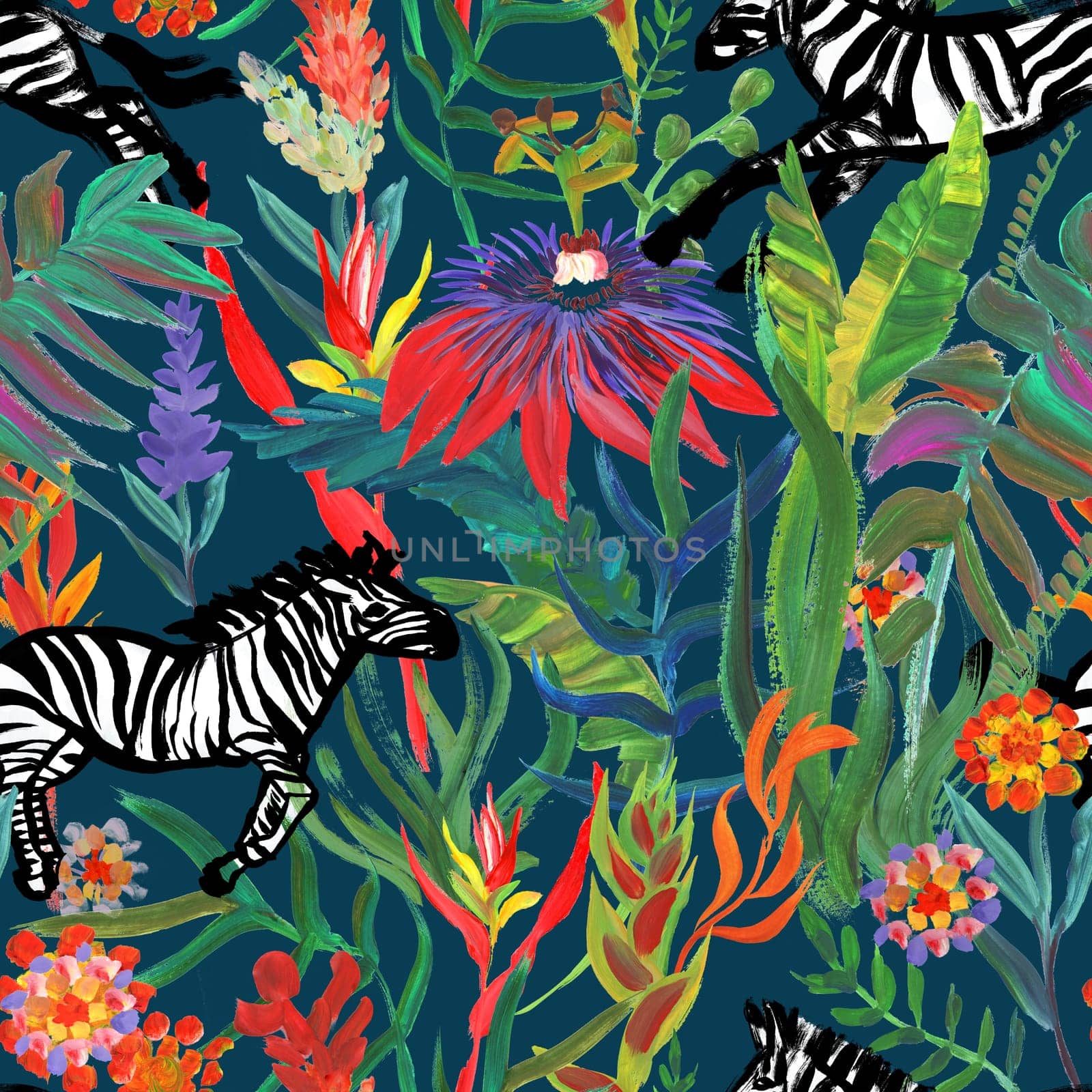 Seamless night pattern with running zebras and tropical flowers drawn in a painterly style by MarinaVoyush