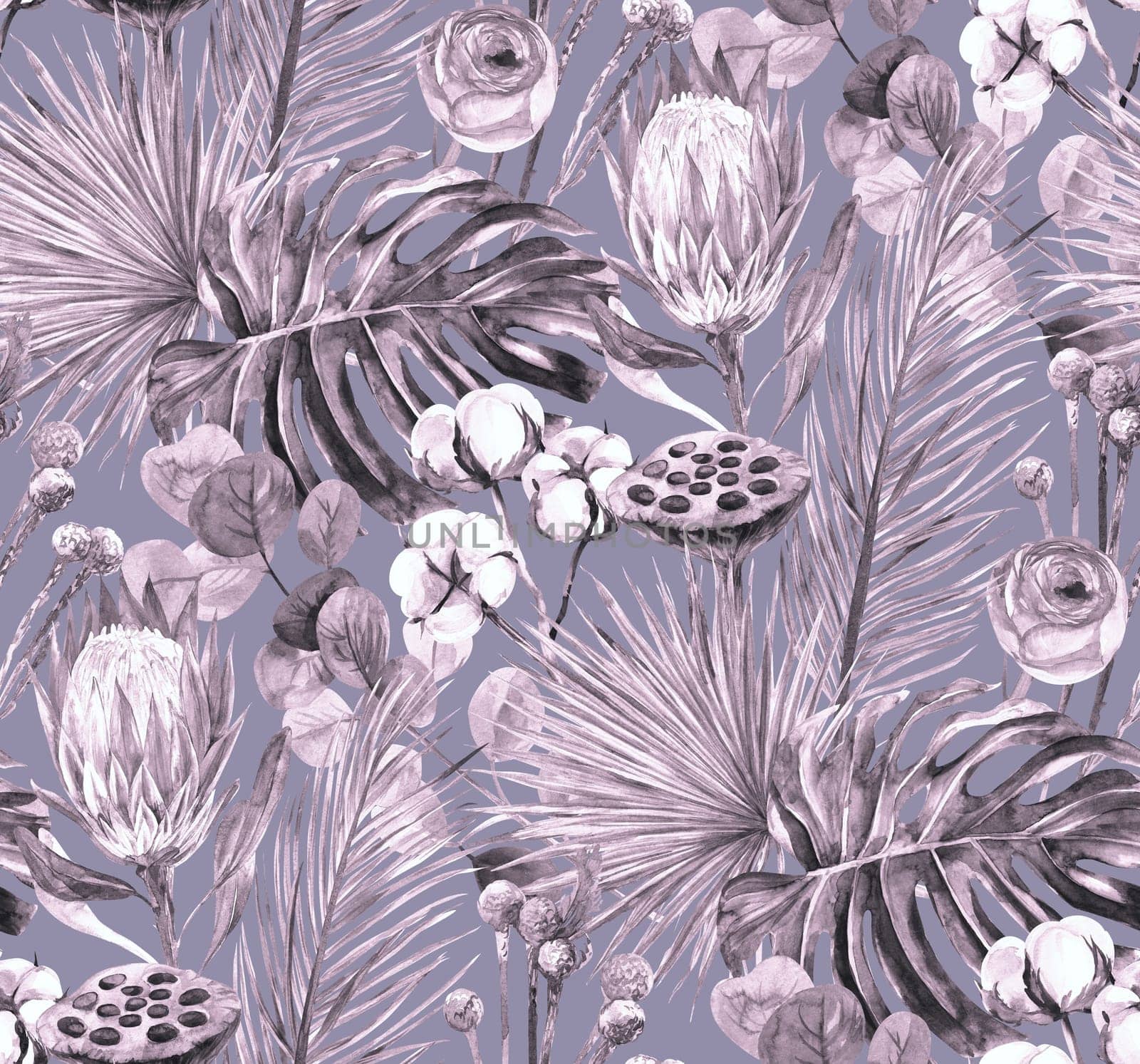 gray watercolor seamless monochrome pattern with herbarium of dry palm leaves with protea and monstera flower and cotton twigs on a blue background for textiles and wallpaper, as well as packaging and surface design