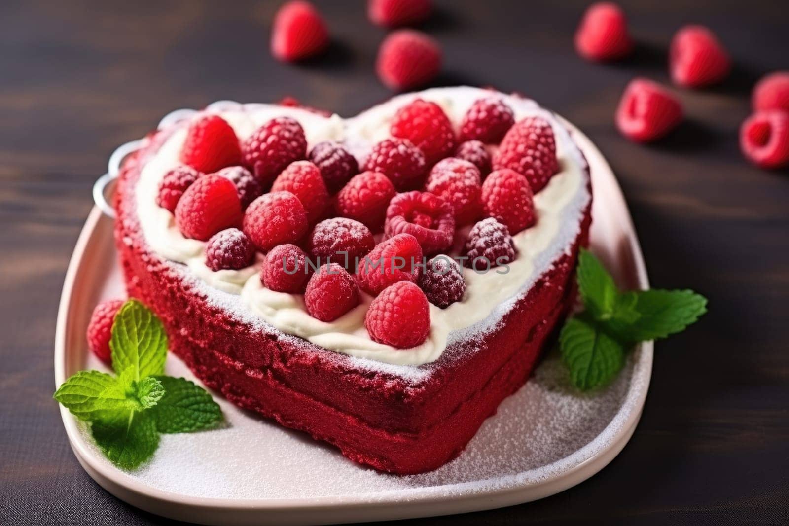 Heart shaped red velvet cake decorated with berries for Valentine's day on dark background. Tasty homemade dessert. AI Generated