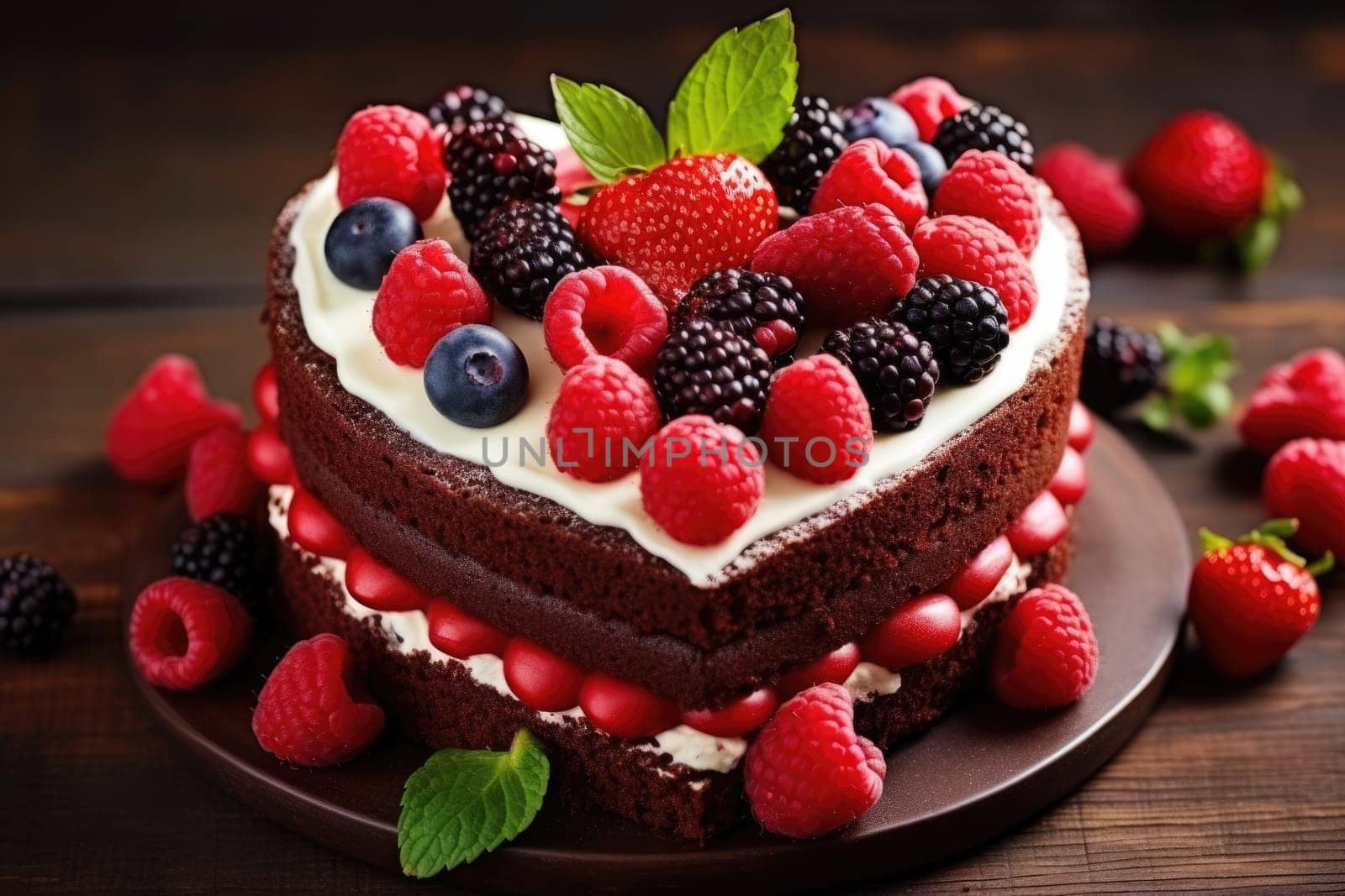 Heart shaped red velvet cake decorated with berries for Valentine's day on dark background. Tasty homemade dessert. AI Generated