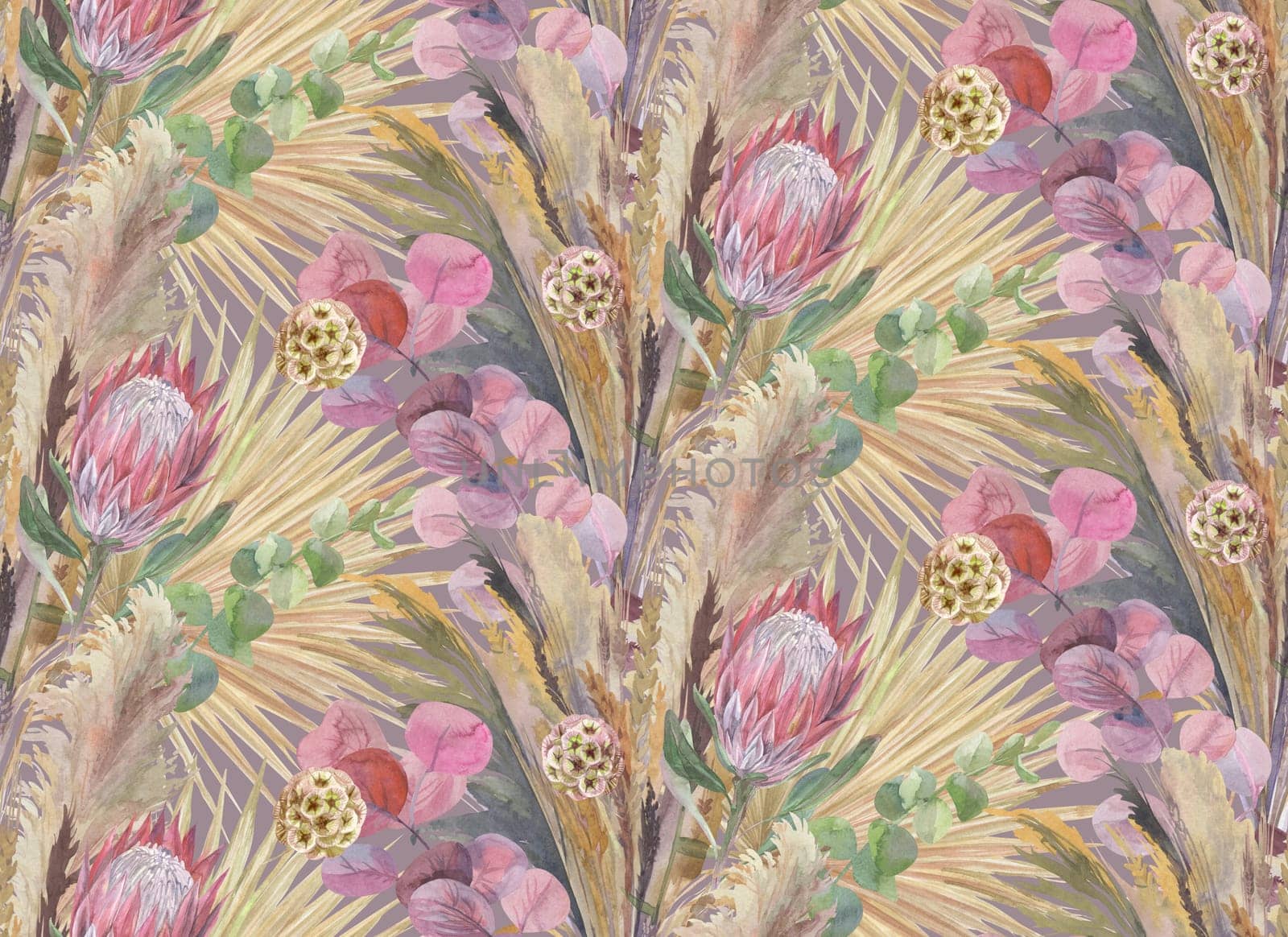 seamless pattern with a bouquet of dried flowers with protea flower and dry palm leaves painted in boho style watercolor