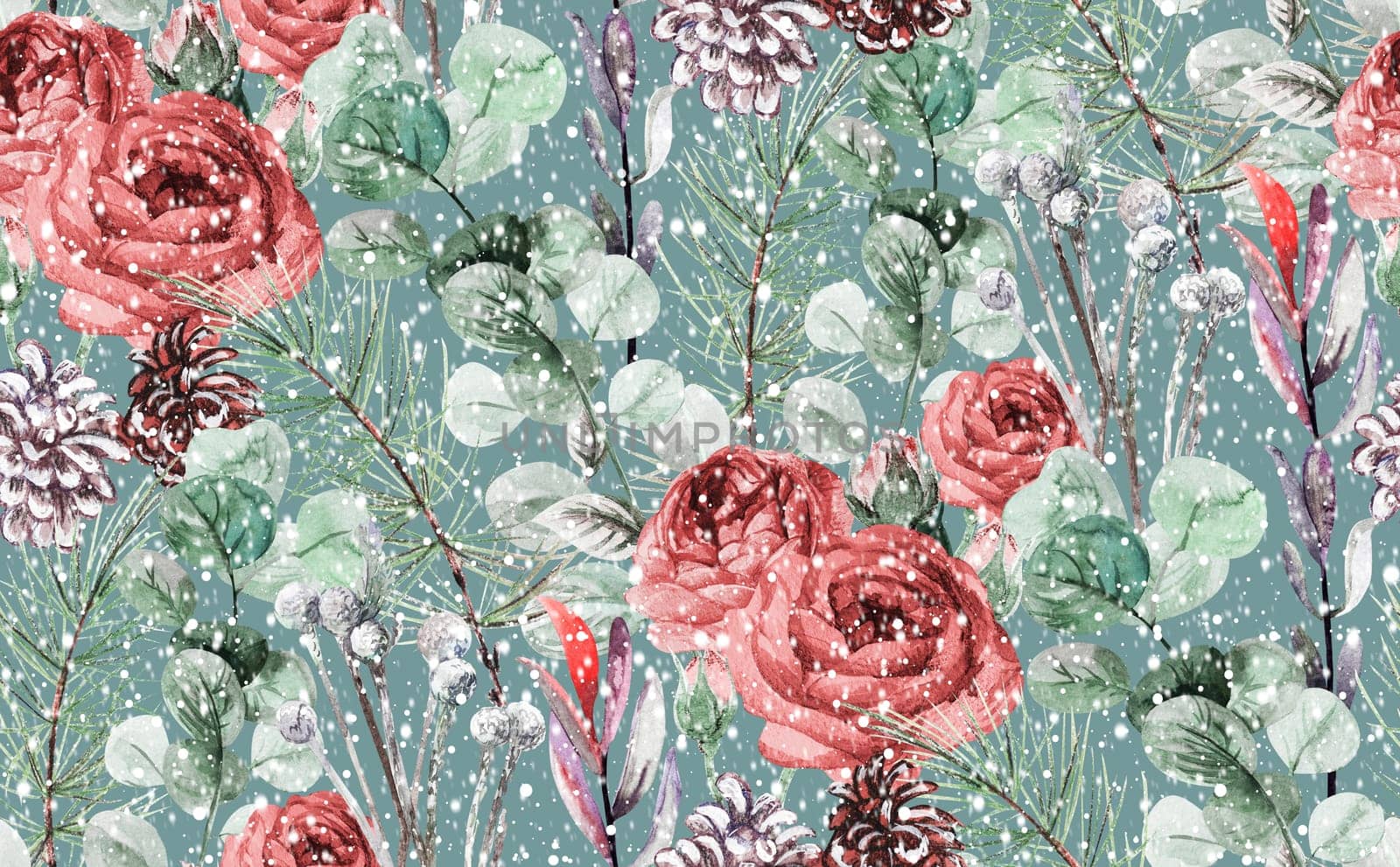 Seamless Christmas watercolor pattern with winter bouquet of red roses and fir branches and dried flowers on a turquoise