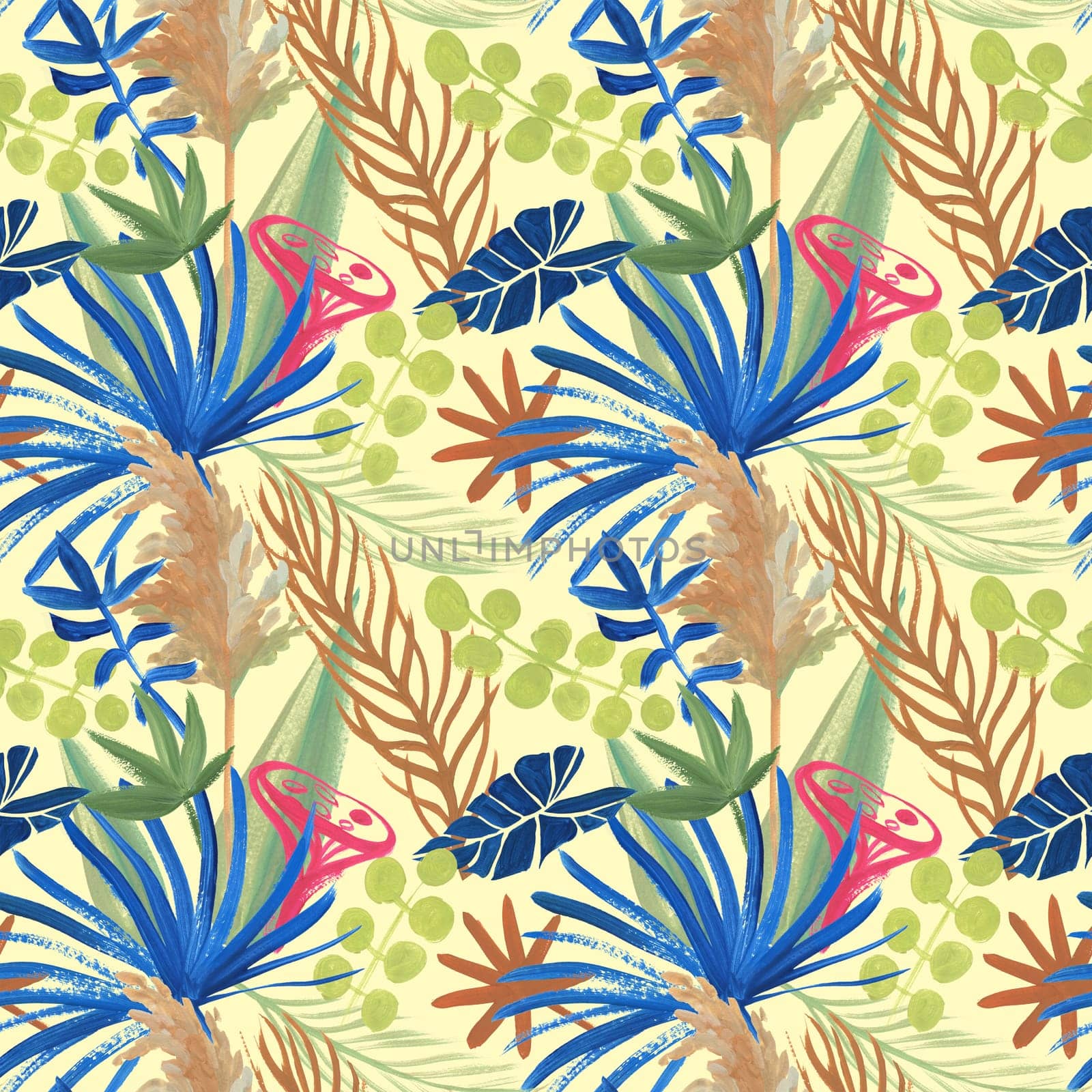 bright summer modern seamless pattern painted with herbarium of tropical dried flowers by MarinaVoyush